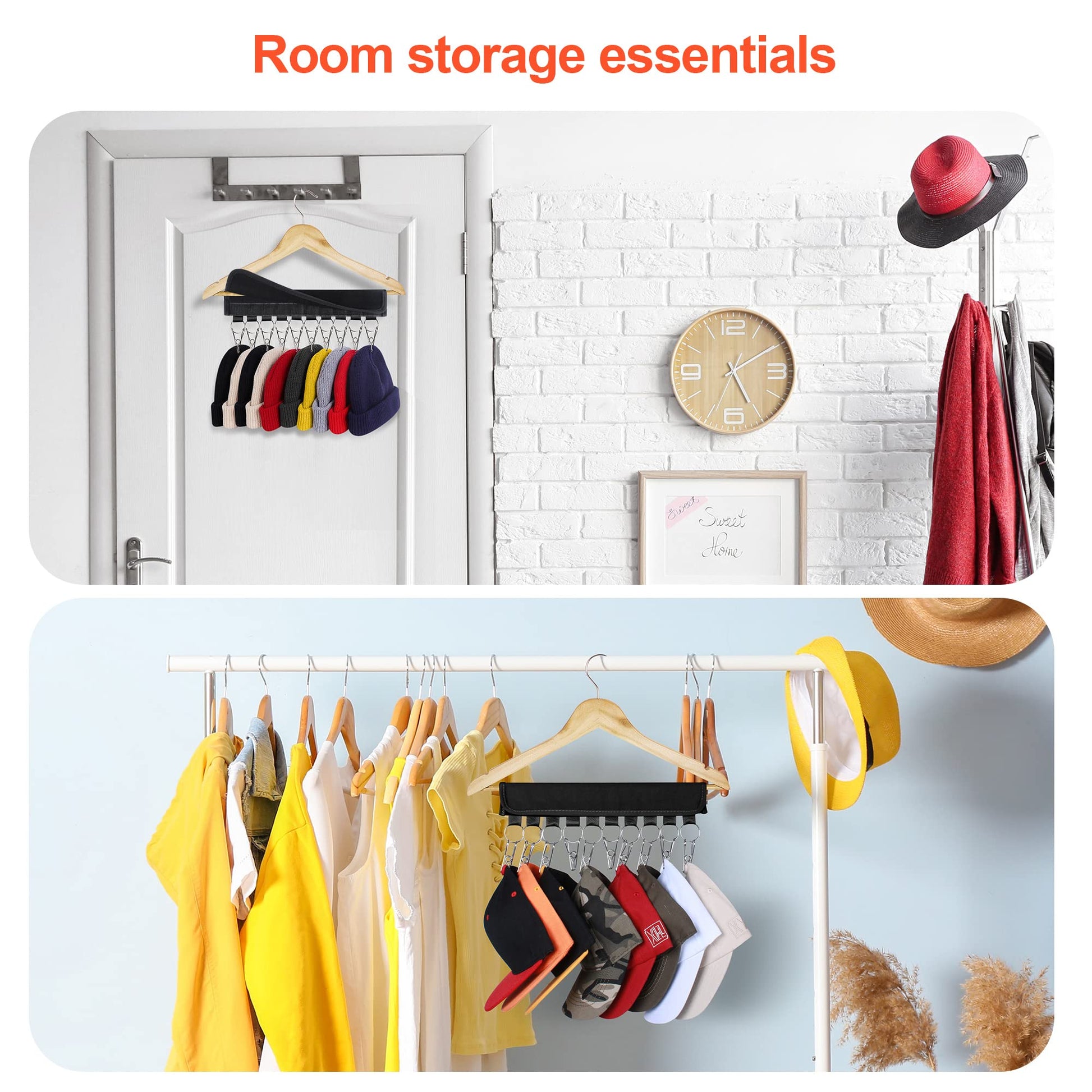 Hat Rack for Baseball Caps Hat Organizer Holder for Hanger & Room Closet Display, 2Pack 10 Hat Storage Clips for Hang Ball Caps Beanie, for Men Gift, Not Including Hangers & Hats (2PC Black)