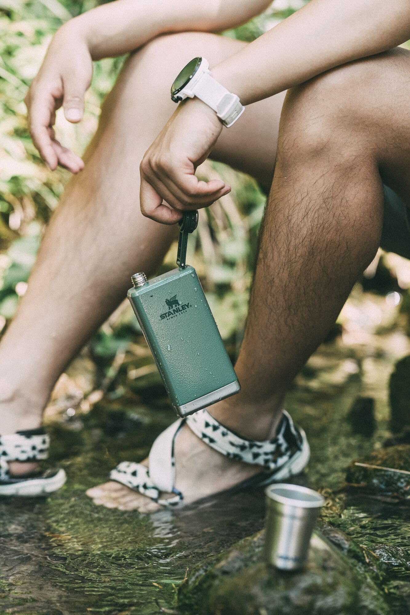 Stanley Adventure Pre-Party Flask 8 oz | Leakproof Hip Flask | Hinge Connected Never Lose Cap | Insulated Stainless Steel Liquor Container | BPA-Free | Hammertone Green