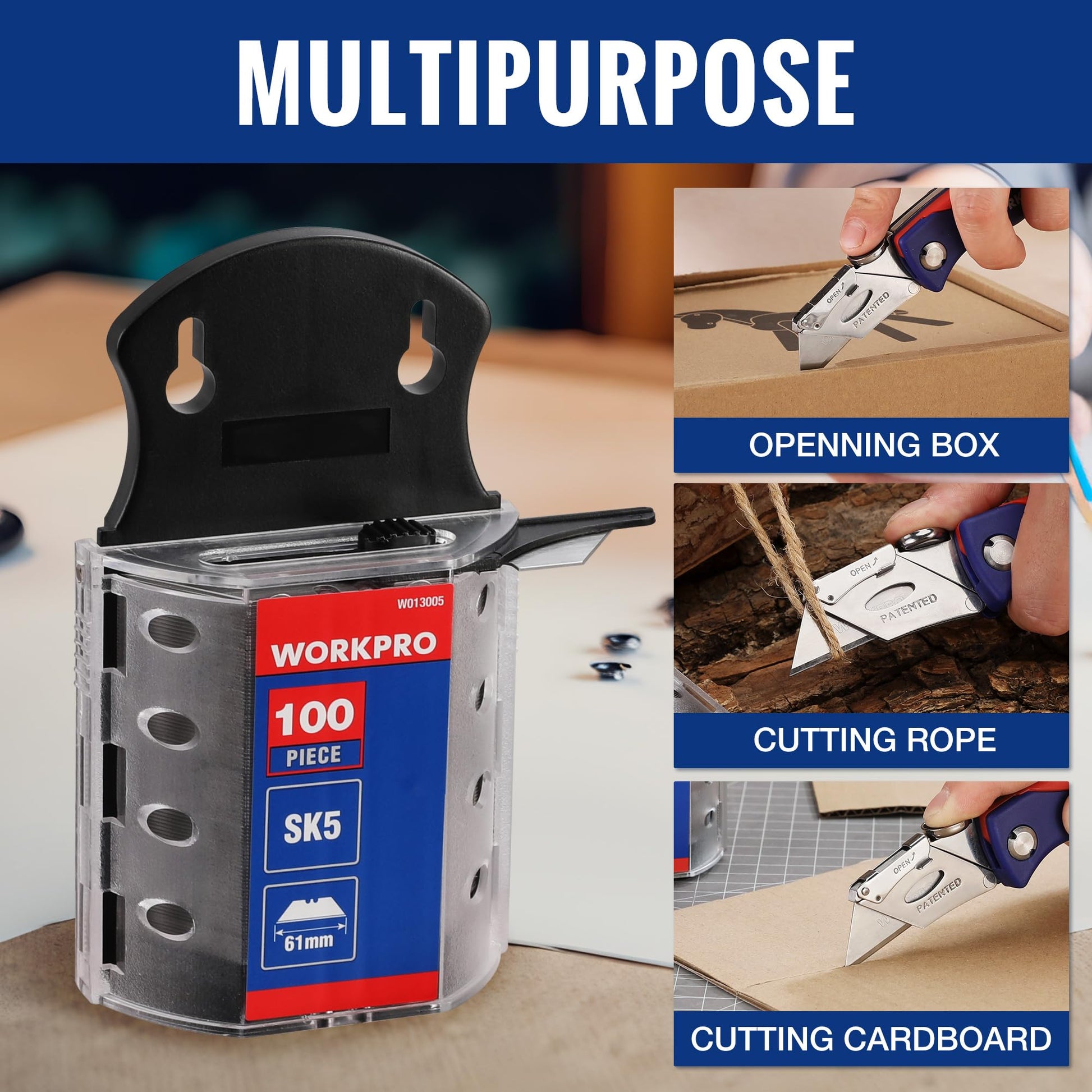 WORKPRO Utility Knife Blades, SK5 Steel, 100-Pack with Dispenser