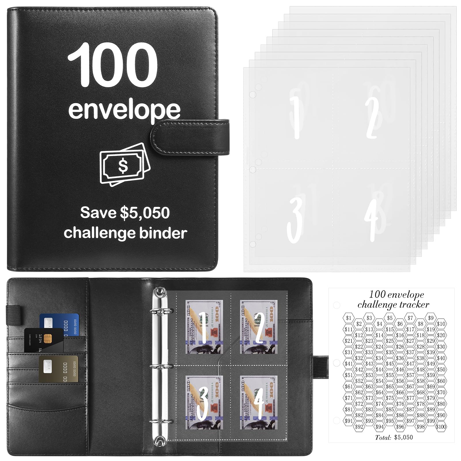 100 Envelopes Money Saving Challenge Binder with Laminated Tracker, Budget Binder with Cash Envelopes, Easy and Fun Way to Save