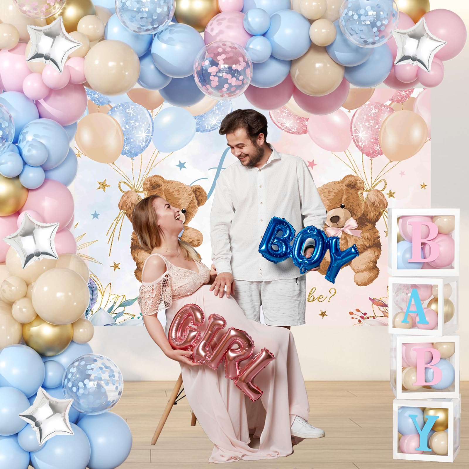 Bear Gender Reveal Balloon Boxes Decorations - 158pcs Pink Blue Balloon Garland Kit, 4pcs Baby Box With Letters, Backdrop for Baby Shower, Boy or Girl Party Supplies
