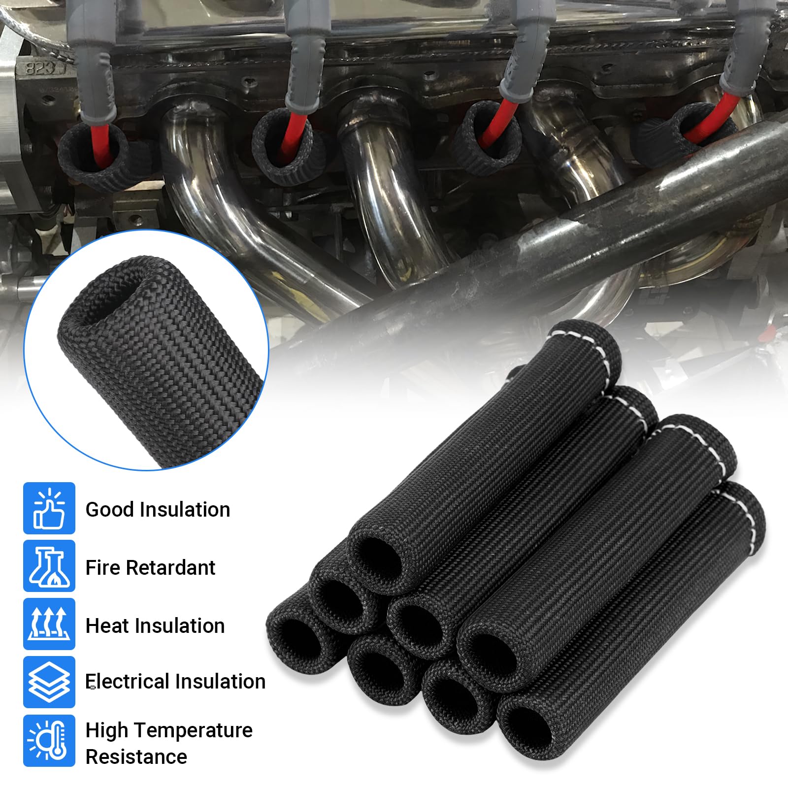 SHINEHOME Spark Plug Wire Heat Shield Sleeve 2500° Spark Plug Boot Protector Boots Wrap for SBC BBC 350 454 8PCS Plug Wire Covers