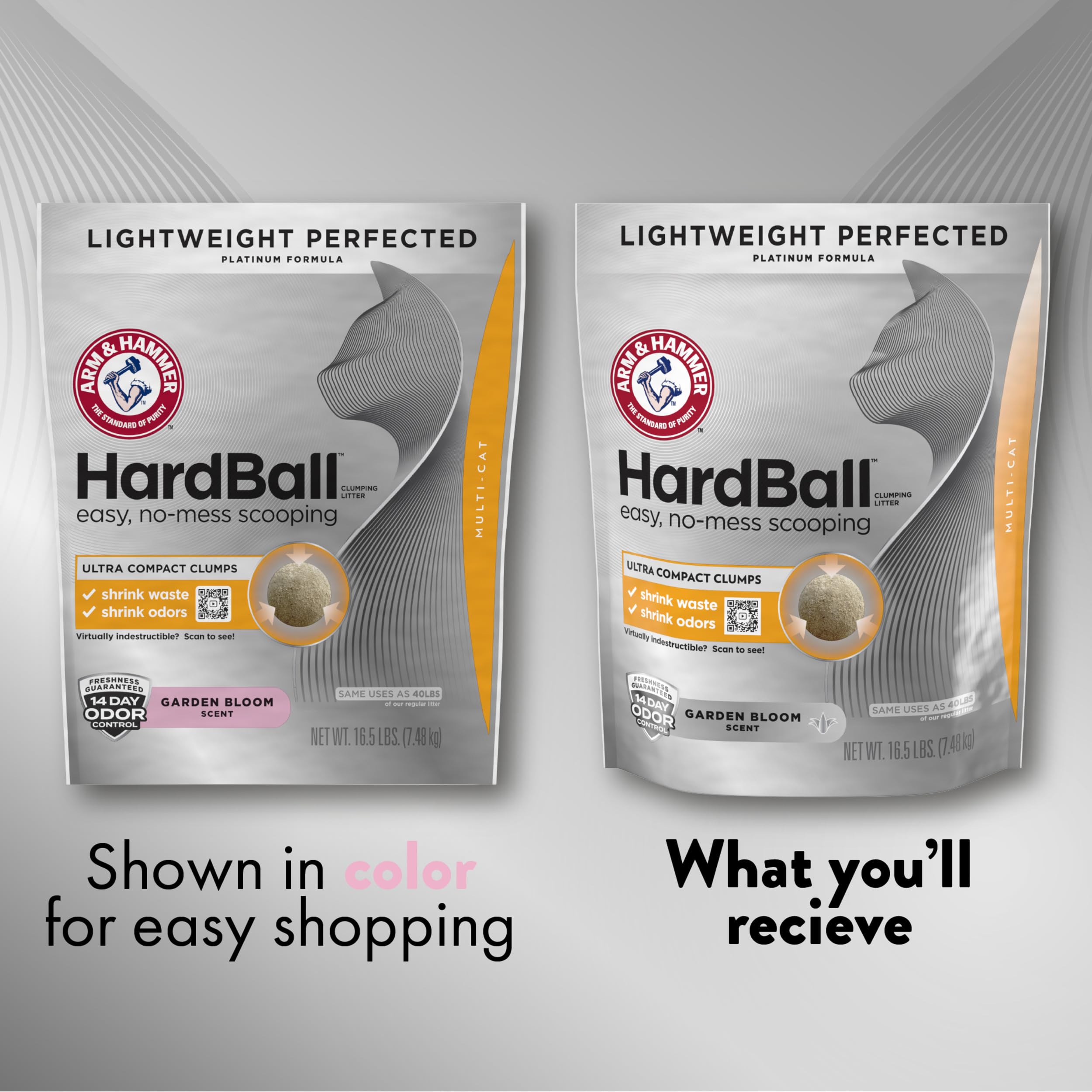 ARM & HAMMER Hardball Lightweight Platinum Multi-Cat Clumping Cat Litter Odor Control, Easy No-Mess Scooping, Garden Bloom Scent, 16.5 Lbs.