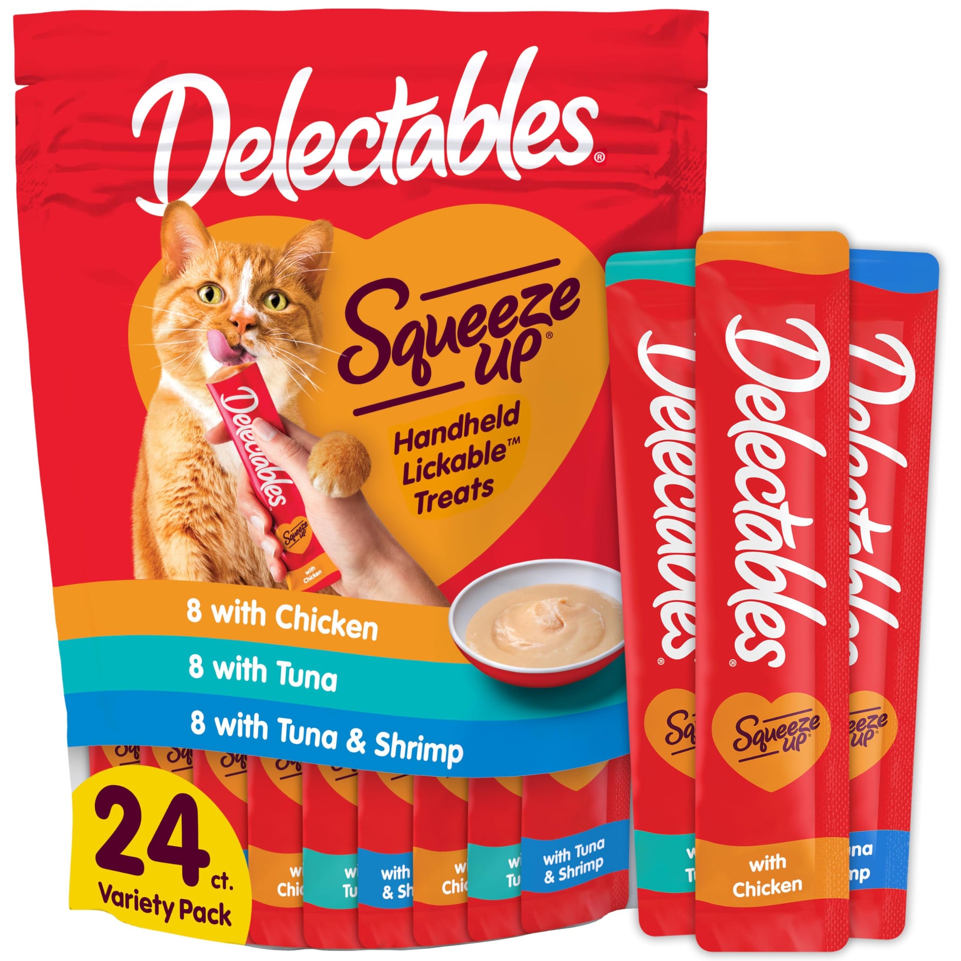Delectables Squeeze Up Variety Pack, Creamy Squeezable Puree, Lickable Wet Cat Treats, Grain Free, No Added Fillers, No By-Products, No Added Preservatives, 0.5 Ounces Tube, 24 Tubes Total