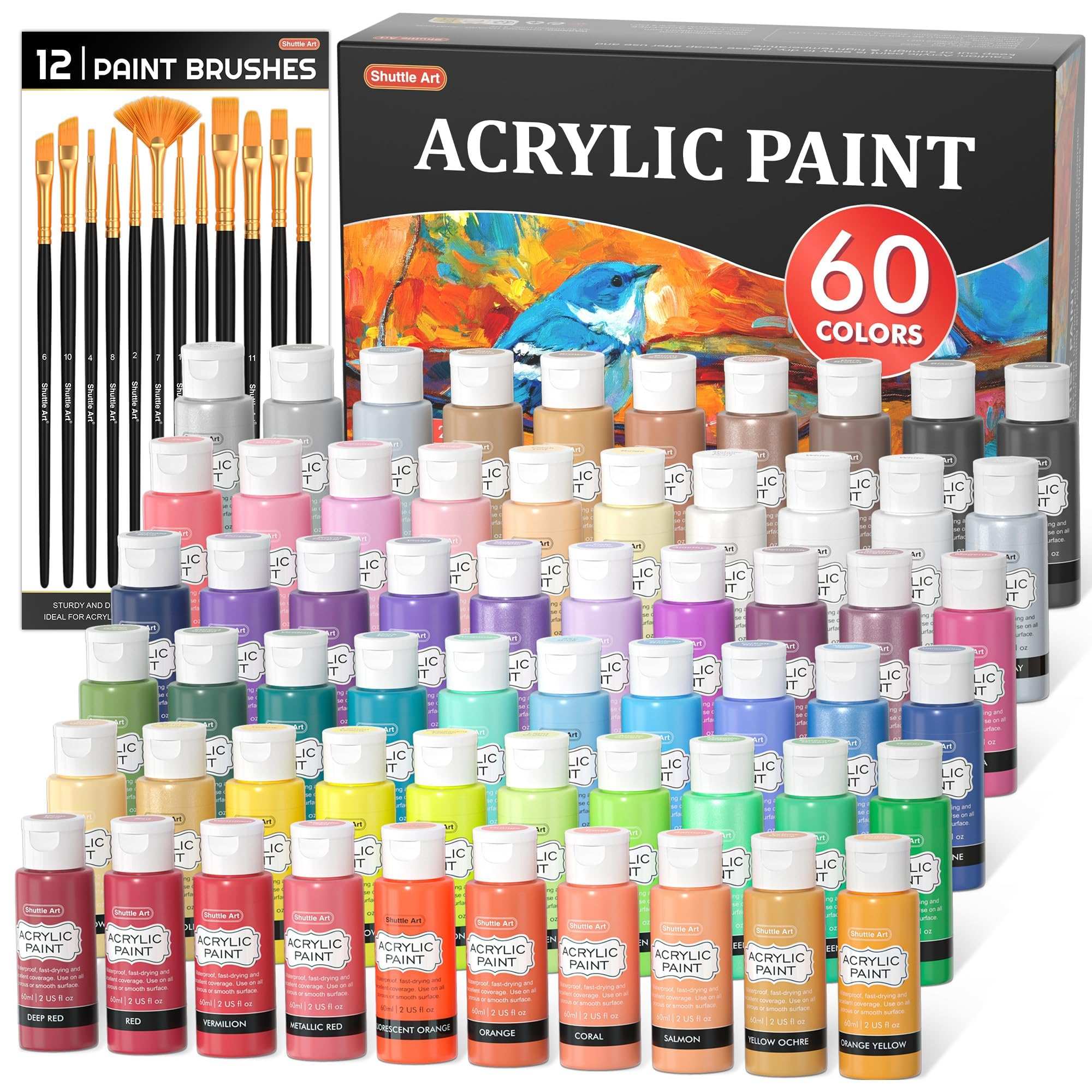 Shuttle Art Acrylic Paint, 50 Colors Acrylic Paint Set, 2oz/60ml Bottles, Rich Pigments, Water Proof, Premium Acrylic Paints for Artists, Beginners and Kids on Canvas Rocks Wood Ceramic Fabric