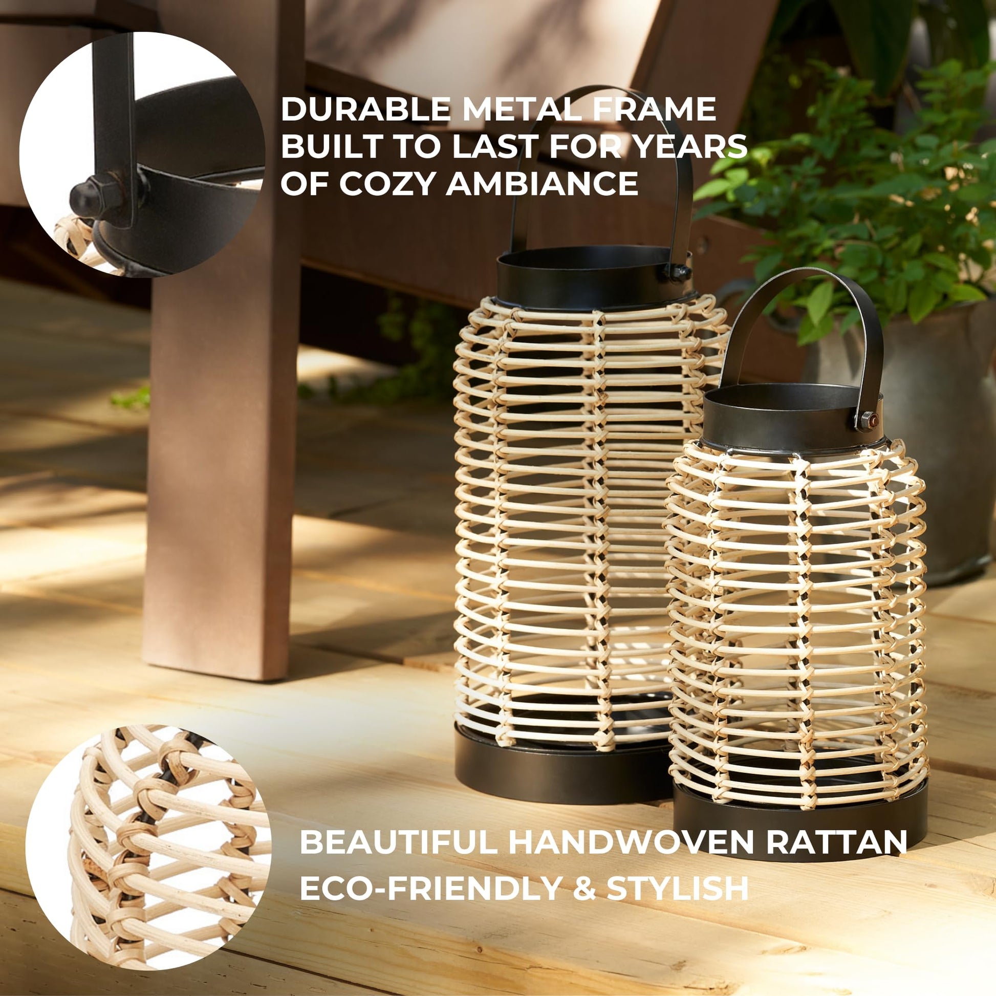 Natural Rattan Boho Lanterns - Handcrafted Decor to Enhance Your Home - Modern Farmhouse Beauty Perfect for Any Living Room, Patio & Porch, Indoor and Outdoor Coffee Table or Kitchen Dining Table