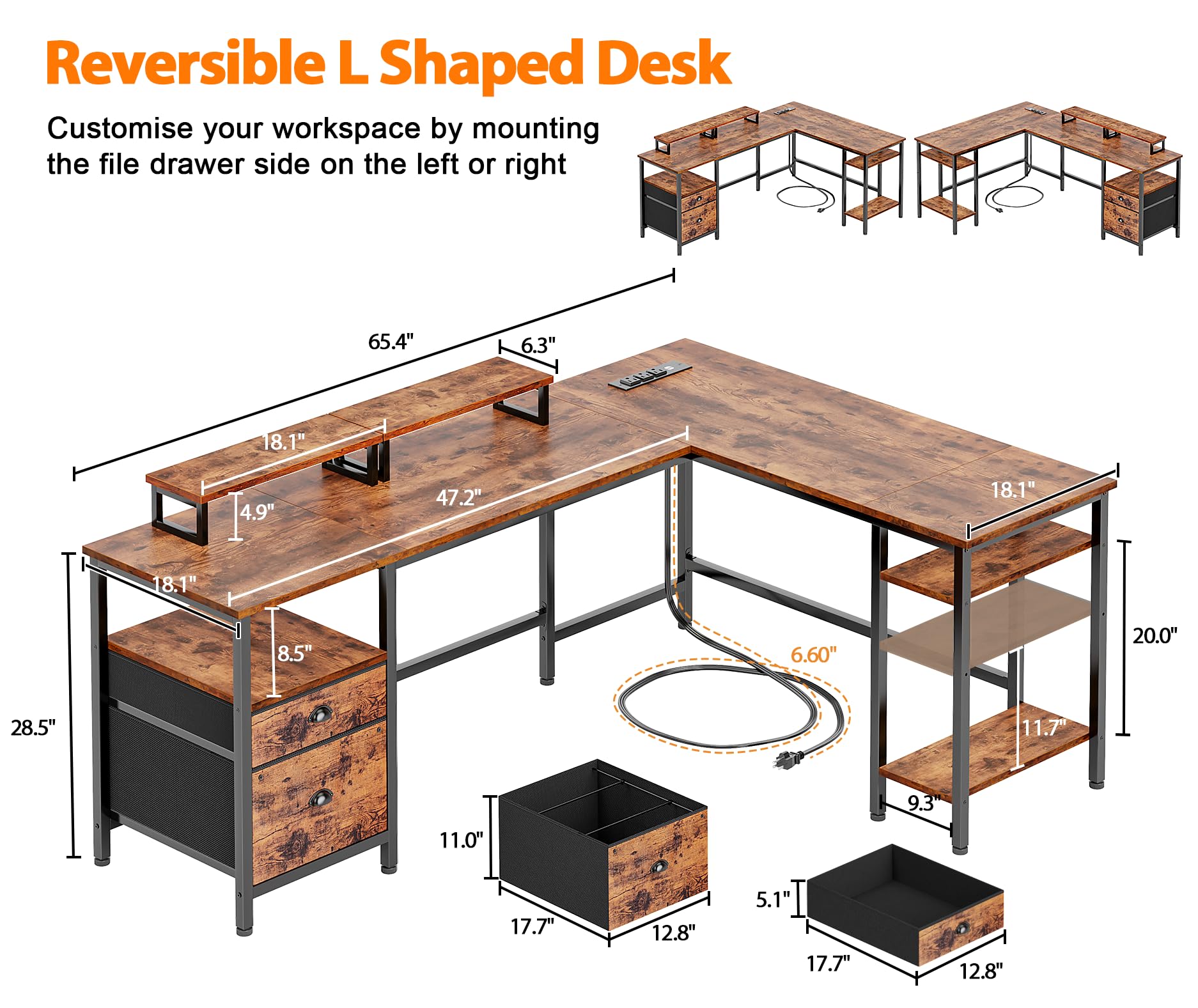 Furologee 66” L Shaped Desk with Power Outlet, Reversible Computer Gaming Desk with File Drawer & 2 Monitor Stands for Home Office with Storage Shelves, Rustic Brown