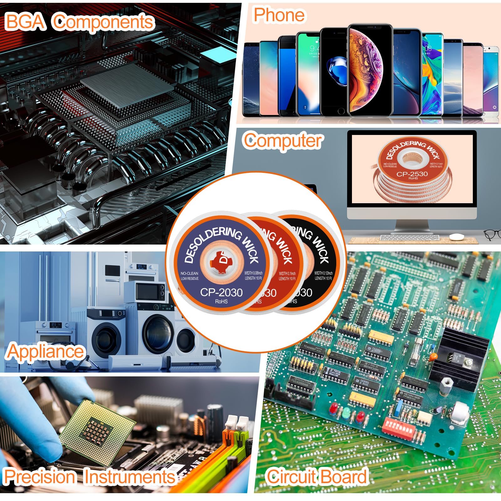 JoTownCand 3PCS Premium Desoldering Wick - 3 Sizes Solder Wick Braid (0.08", 0.1", 0.12" x 10FT) | No Clean Desoldering Braid & Solder Remover | Effortlessly Desolder Wick for PCB Repair & Electronics