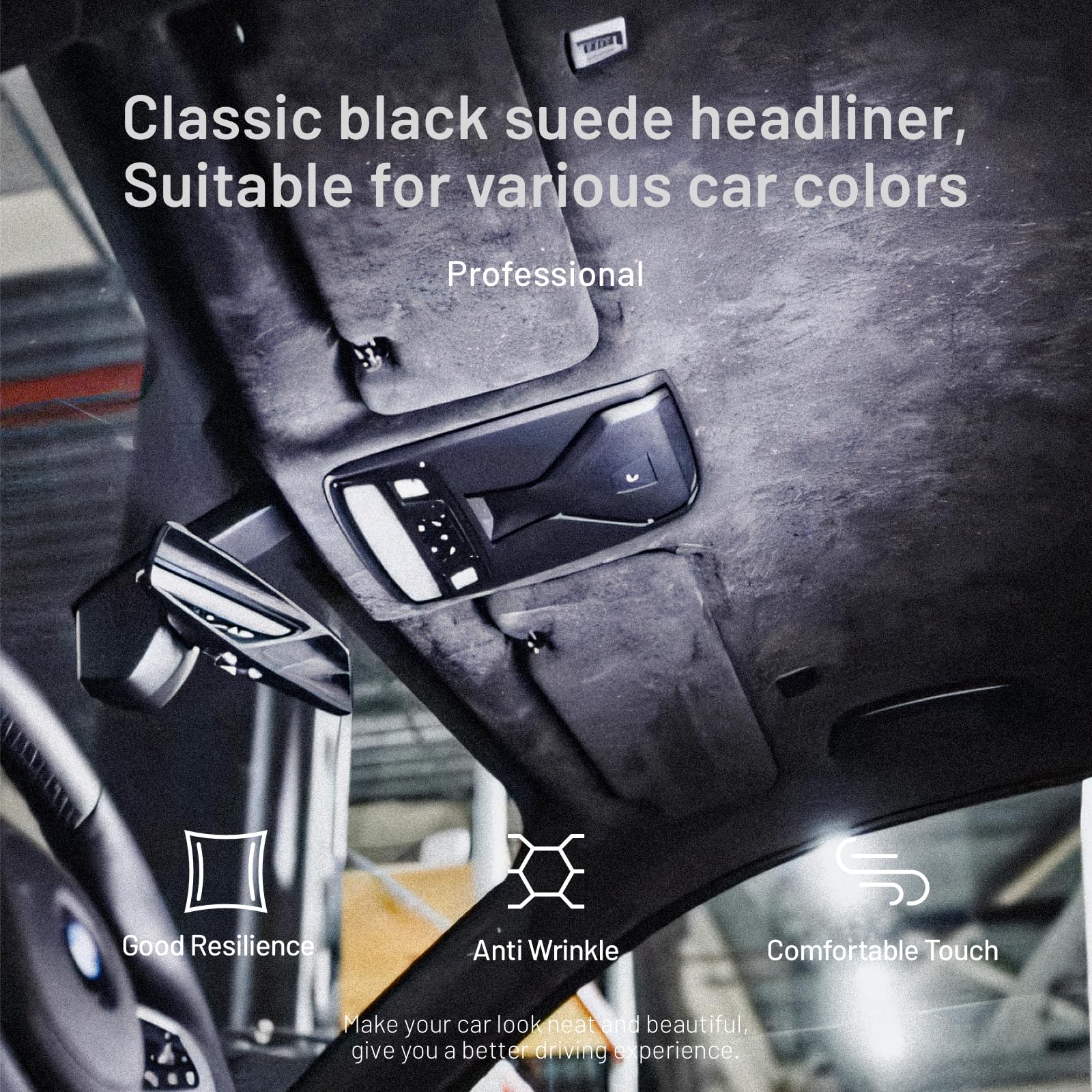 Hiksuky Suede Auto Headliner Fabric 98" L × 60" W with Foam Backing - Black Interior Replacement Material for Car/Truck/SUV/RV Roof, Tube Packaging - Home Repair/DIY Headliner Material