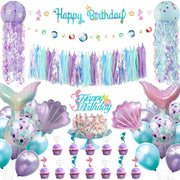 Mermaid Birthday Party Decorations Supplies Banner Tassel Garland Bubble Garland Hanging Jelly Fish Paper Lanterns Balloons Cake Topper Mermaid Happy Birthday Decorations for Kids Girls Women