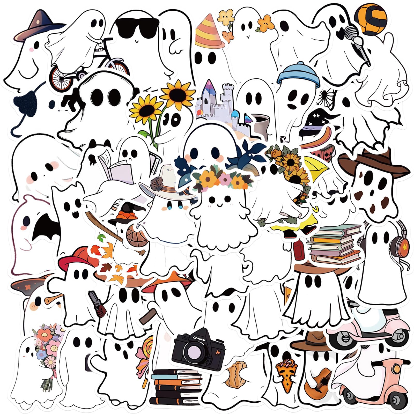 50Pcs Halloween Ghost Theme Stickers, Cute Ghost Decorative Stickers for Parties, Suitable for Children, Teens, and Adults, Ideal for Water Bottles, Laptops, and Cups (Ghost)