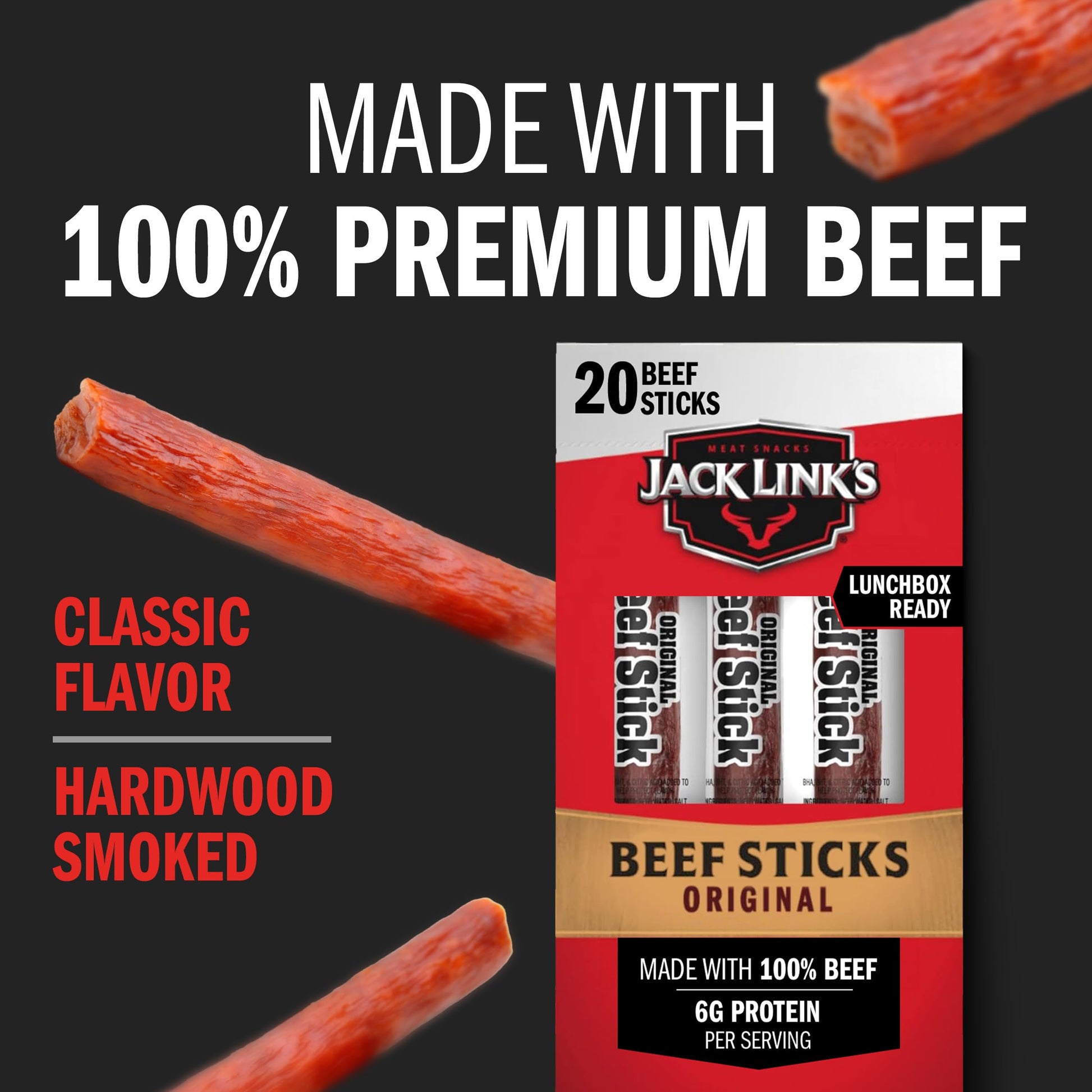 Jack Link's Beef Sticks, Original - Protein Snack, Meat Stick with 6g of Protein, Meat Snack Sticks Made with 100% Beef, Keto Friendly, Individually Wrapped - 0.92 Oz. (20 Count)