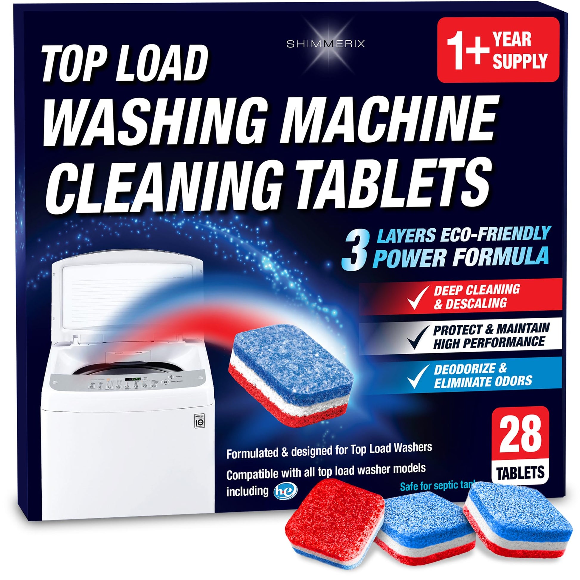 Washing Machine Cleaner Tablets 28 Pack for HE Top Load - Eco Friendly Washer Machine Cleaning Tablets - 3 Layers Septic Safe Wash Machine Full Deodorizer Descaler Protector - 1 Plus Year Supply