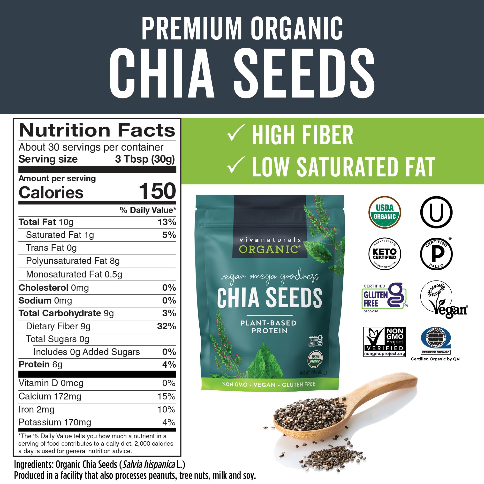 Viva Naturals Organic Chia Seeds 2 LBs - Plant-Based Omega-3 and Vegan Protein, Non-GMO Chia Seeds Organic Perfect for Smoothies, Salads and Chia Seed Pudding, Black Chia Seeds Bulk
