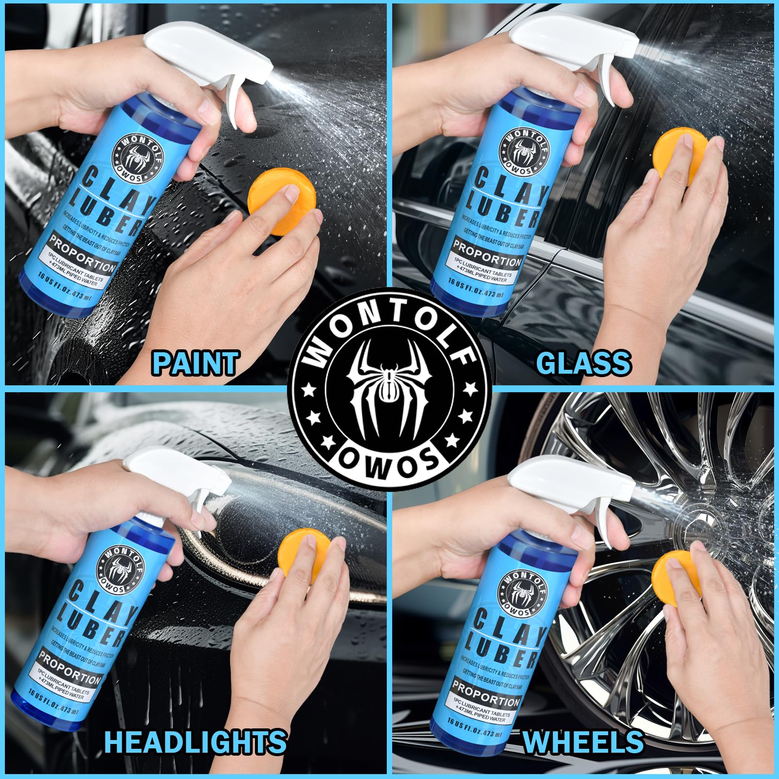 Wontolf Car Clay Bars Auto Detailing and Clay Luber Synthetic Lubricant Kit, 4 Clay Bars, Clay bar Lubricant Tablets 10 Pack(1pc=16 fl oz), Spray Bottle and Microfiber Towel for Car Detailing Cleaning