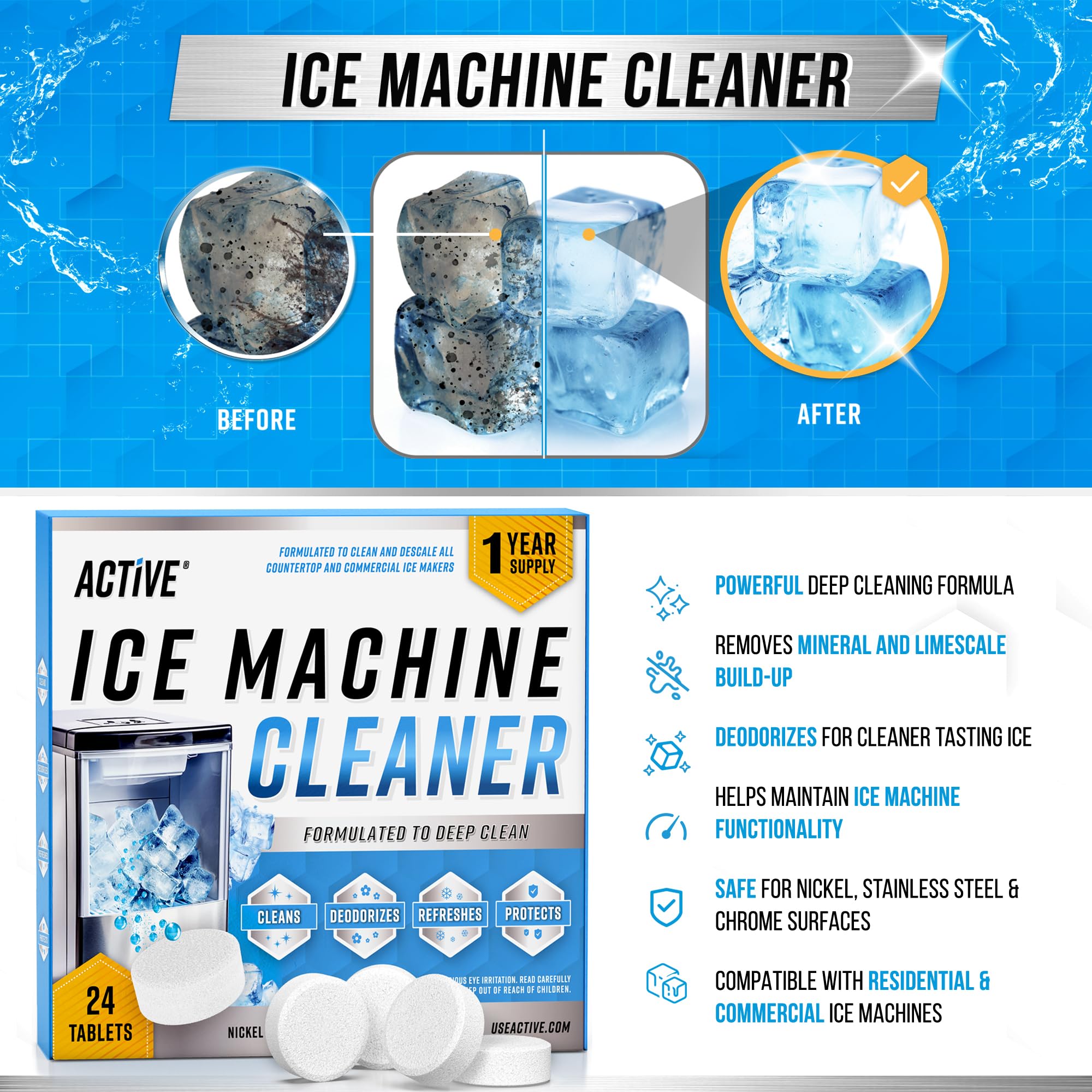 ACTIVE Ice Machine Cleaner Maker Descaler - 24 Clean Tablets Compatible with Frigidaire, Opal, GE Profile, Kitchenaid, Nickel Safe Scale Remover for Countertop, Nugget Ice Makers - Bulk 1 Year Supply