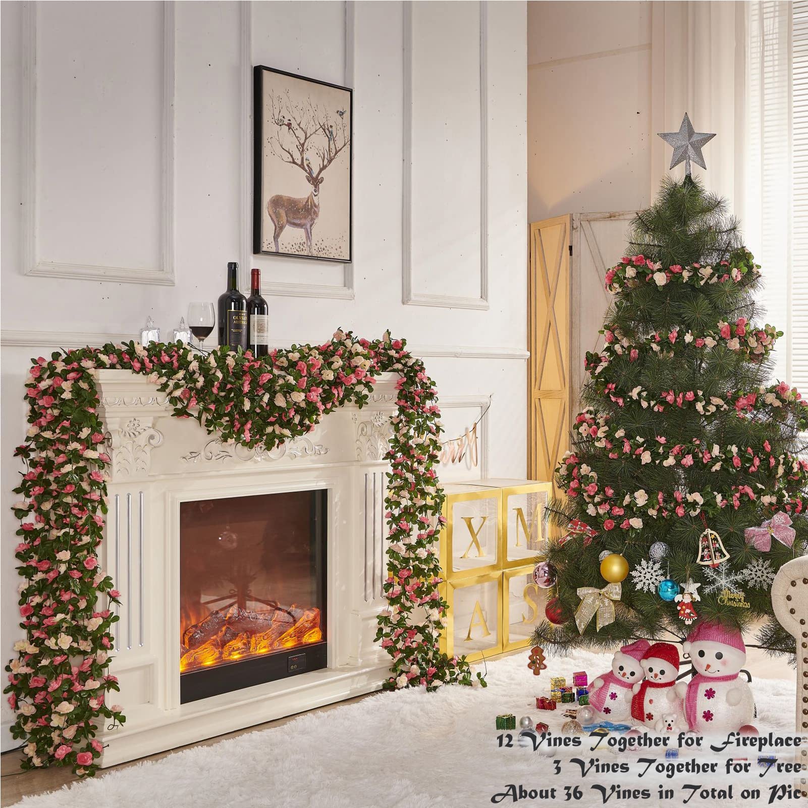 PONKING 8 Pcs x 8.2 ft Flower Garland Artificial Rose Vine Flowers with Green Leaves Hanging Fake Roses Vine for Room Party Home Wedding Birthday Christmas Wall Arch Decor, Spring Pink Flower