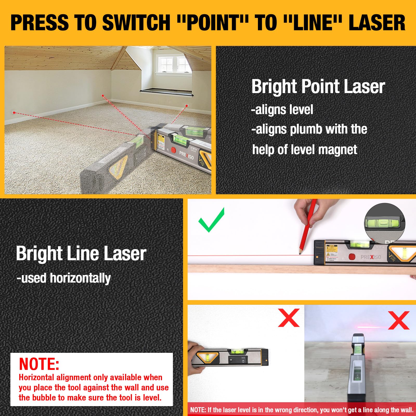 PREXISO 2-in-1 Laser Level 12 in Spirit Level with Light, 100Ft Alignment Point & 30Ft Leveling Line, Magnetic Laser Leveler Tool for Construction Picture Hanging Wall Writing Painting Home Renovation