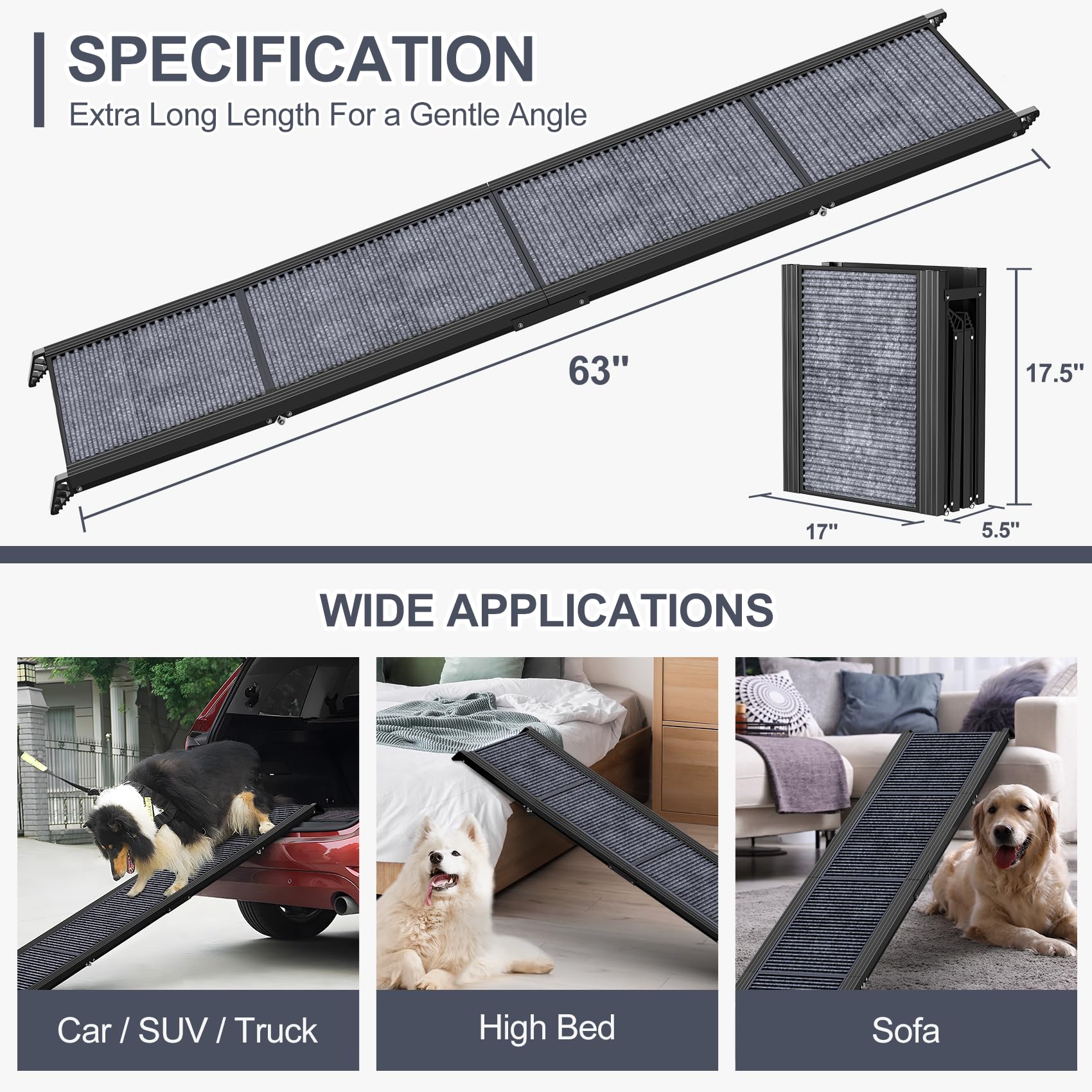 HerCcreta wigge Dog Ramp for Car 63" Long & 17" Wide Portable Dog Ramps for Large Dogs with Non-Slip Rug Surface Dog Car Ramp for SUV Car & Truck, Folding Dog Ramp Up to 250LBS