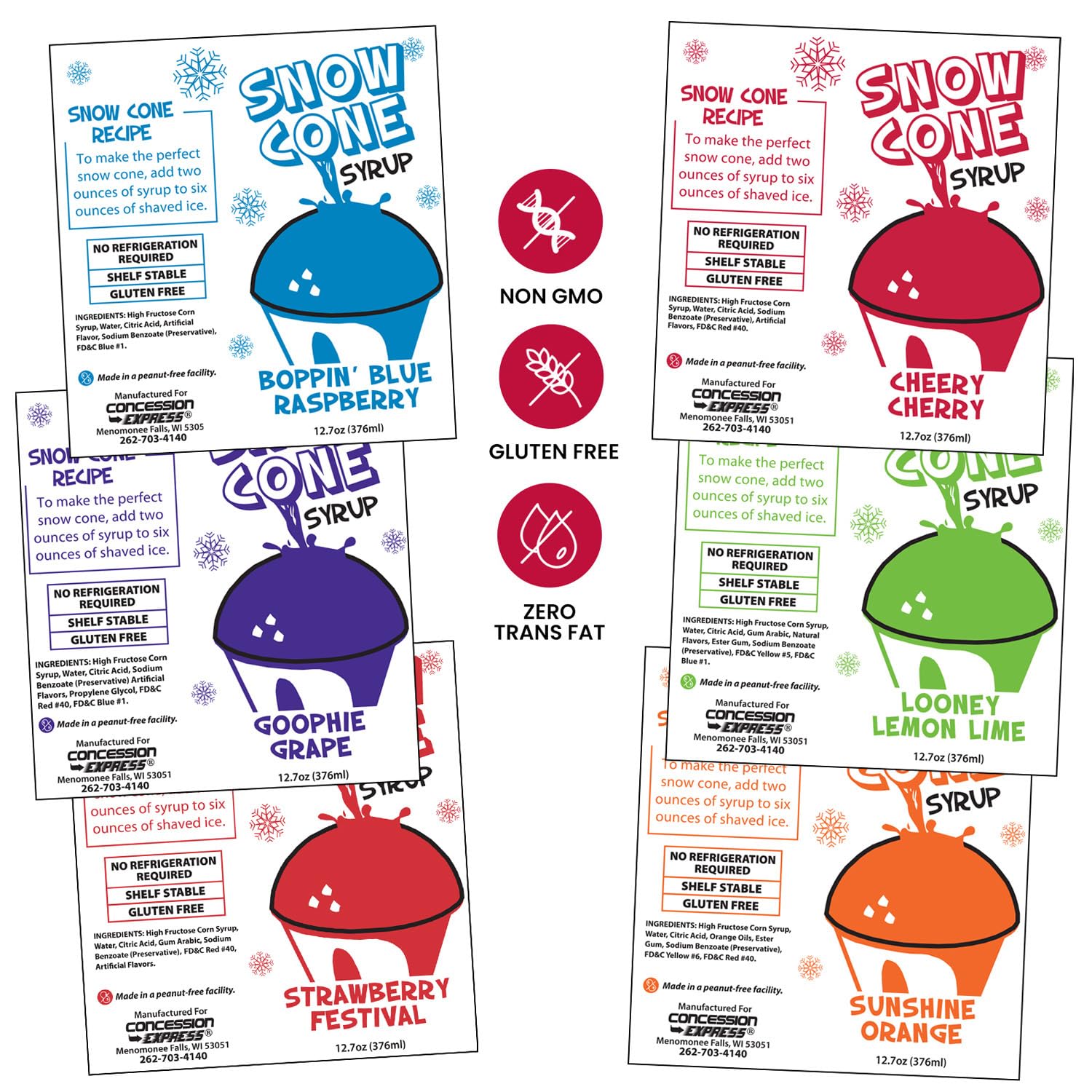 12.7oz Snow Cone Syrups (6 Pack W/Cups/Straws)