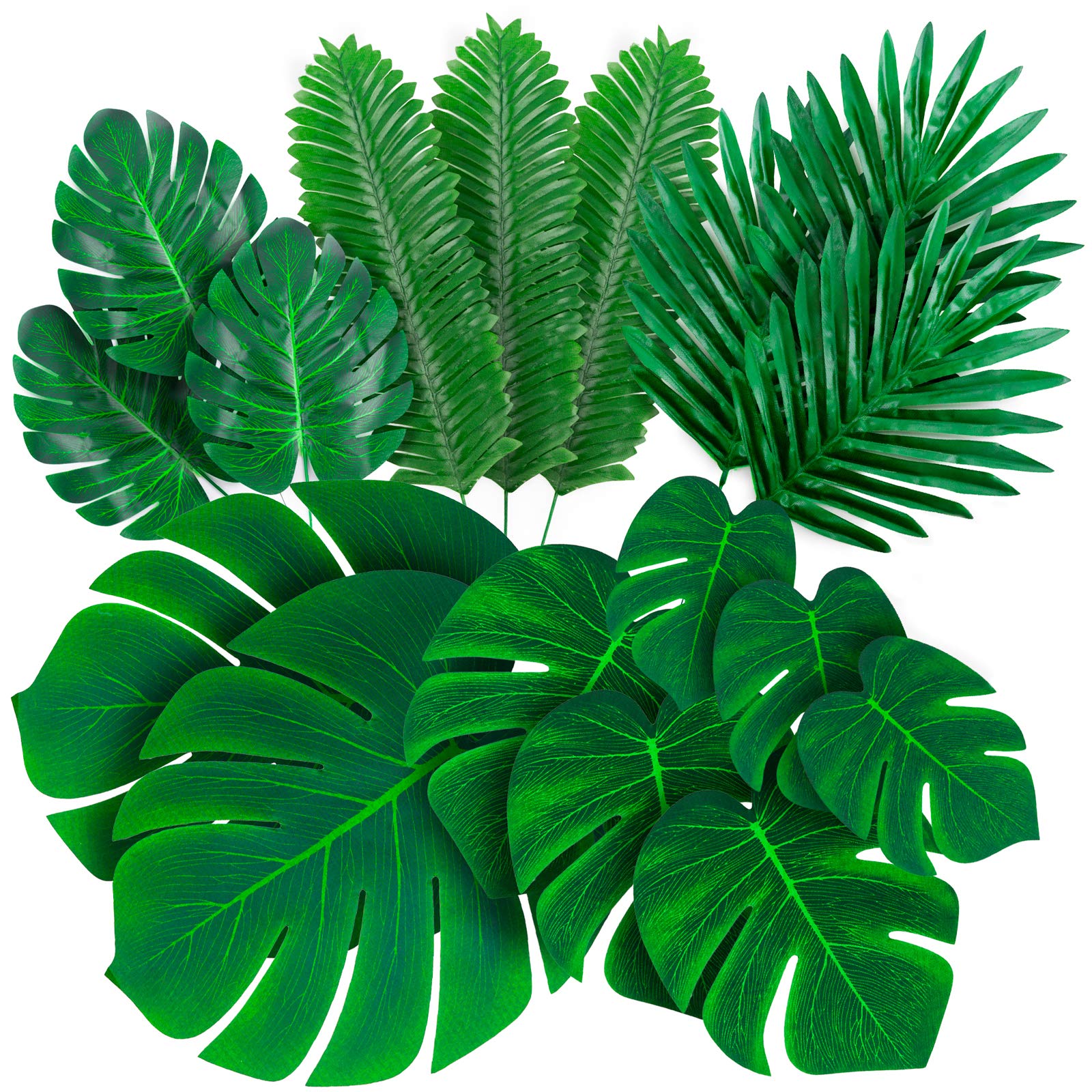 Decopom Palm Leaves Artificial Tropical Monstera-84Pcs 6 Kinds Large Small Green Fake Palm Leaf with Stems for Safari Jungle Hawaiian Luau Party Table Decoration Wedding Birthday Theme Party