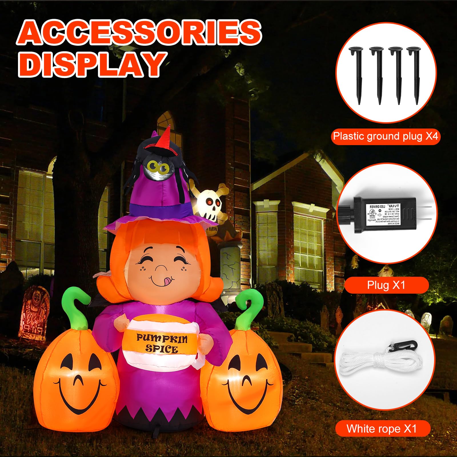 Infleasjoiy 5ft Witch Pumpkin Halloween Inflatable Outdoor Decoration, Courtyard Decoration with LED Lights, for Outdoor Lawn, Garden, Family Vacation Party