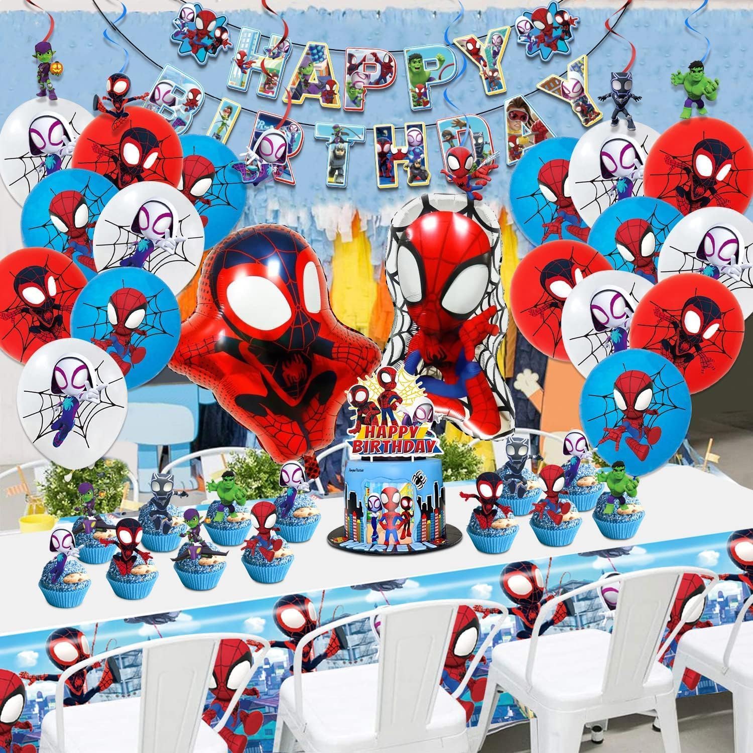 Cartoon spidey themed birthday party supplies. These decorations include "Happy Birthday" banners, tableware, tablecloths, balloons, large and small skewers, and party-themed decoration sets.