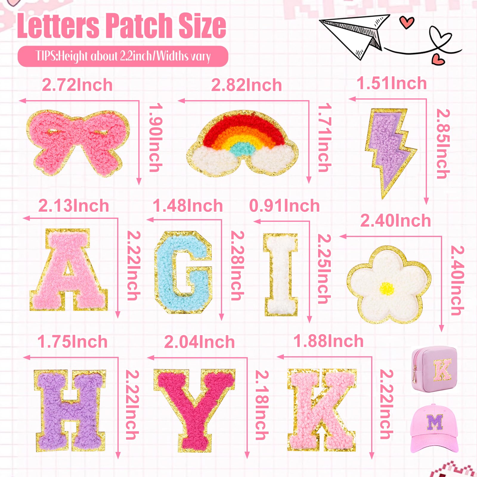 72 Pcs Preppy Chenille Patches Self Adhesive Embroidered for DIY Clothing,Include 52 A-Z Chenille Letter Patches Stickers,20 Rainbow Flower Lighting Bowknot Stick on Patches for Bags Backpacks Hats