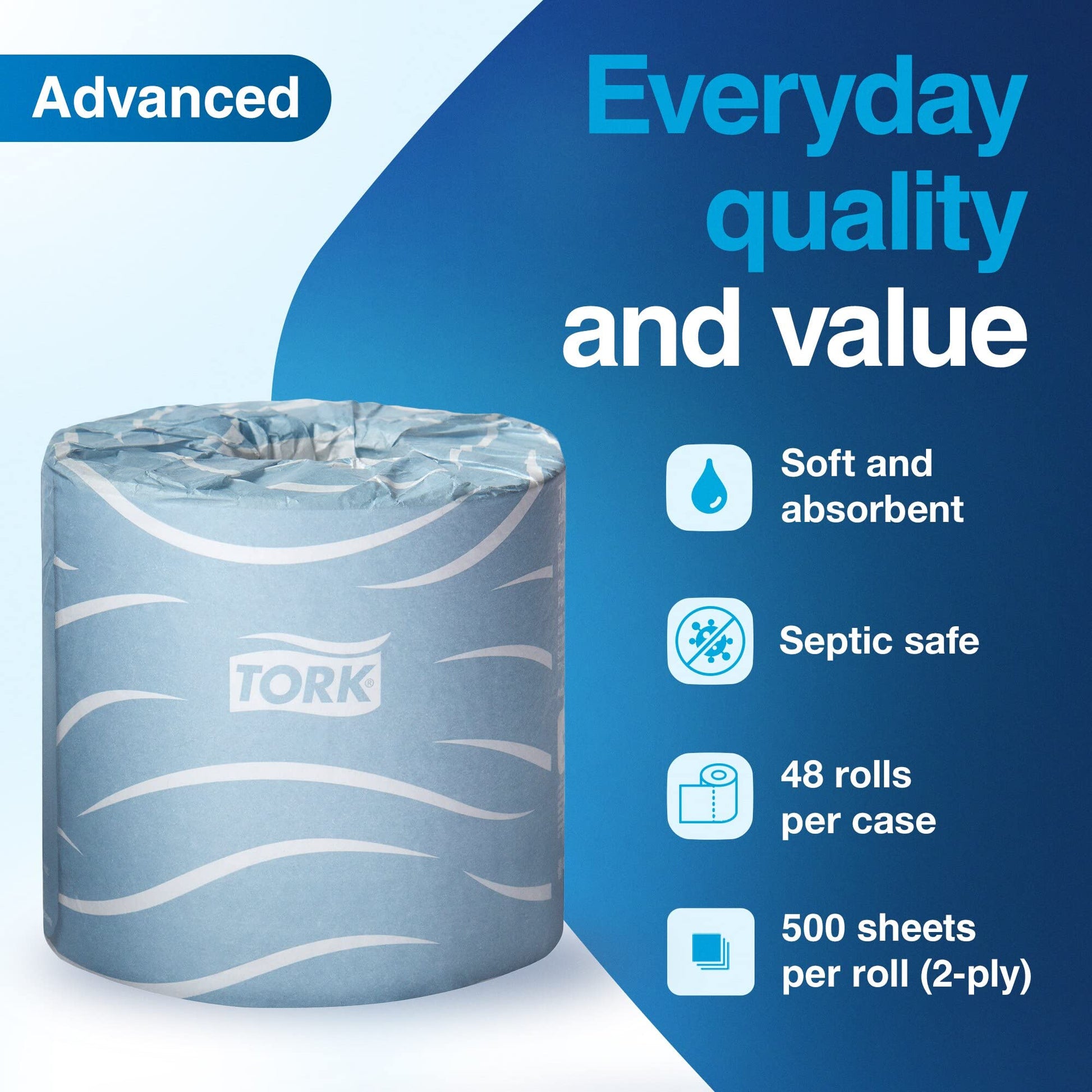 Tork Bath Tissue Roll Advanced 2-ply For everyday use at home Biodegradable 4x3.75", 500 sheets/roll, 48 rolls/case
