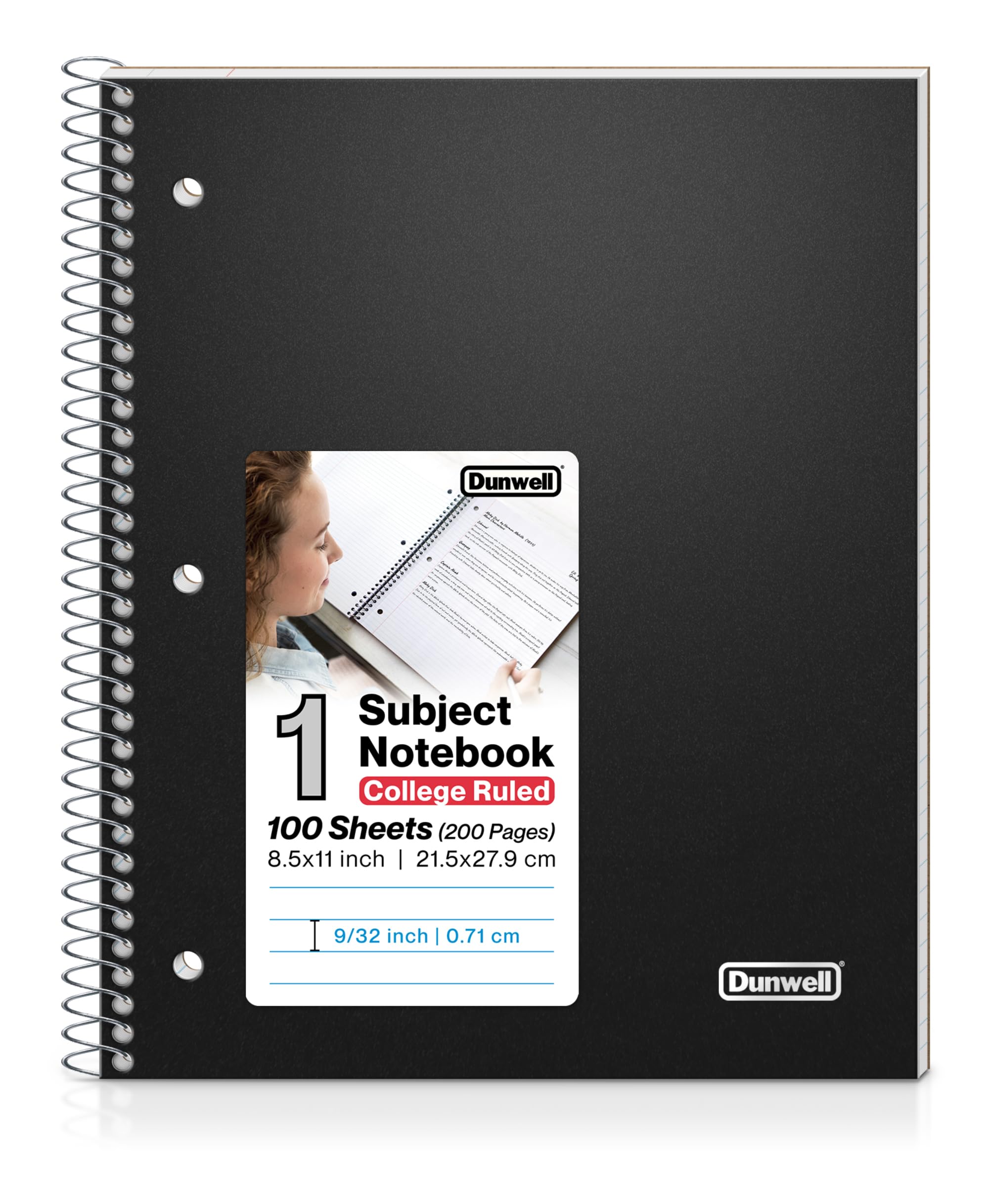 Dunwell College Ruled Spiral Notebook, (Black) 1 Subject Notebook 8.5 x 11 With Plastic Cover & Pocket Divider, 100 Sheets, Perforated Pages, One Subject Spiral Notebook School, 8 1/2 x 11 Paper