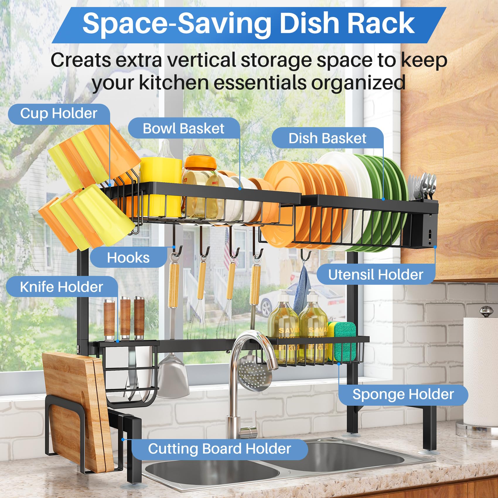 Over The Sink Dish Drying Rack - Adjustable Dish Rack for Kitchen Counter, Metal (Black)