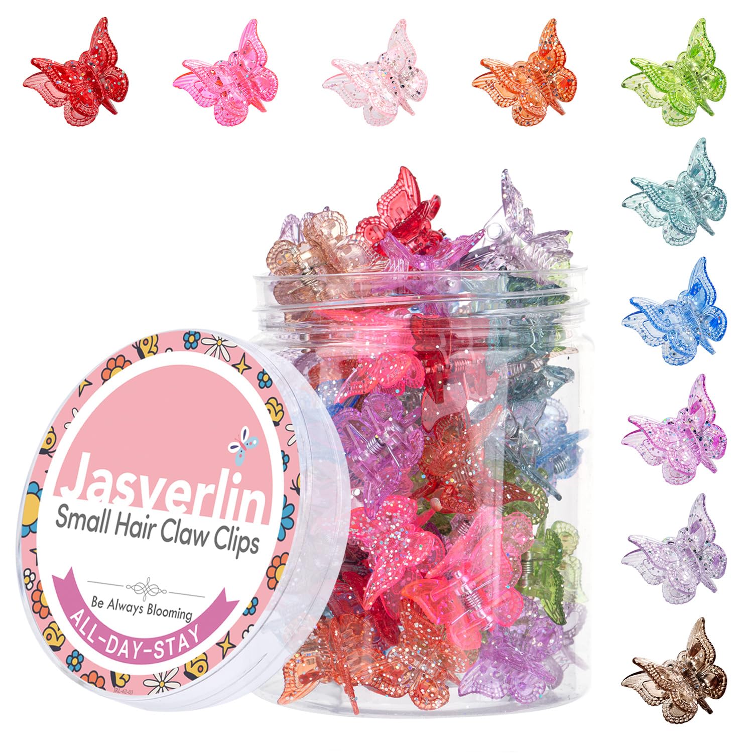 JASVERLIN مشابك شعر لامعة على شكل فراشة صغيرة، إكسسوارات شعر ملونة براقة للفتيات والنساء - لطيفة على طراز التسعينيات وY2K، مشابك شعر صغيرة جداً في 10 ألوان متنوعة، مجموعة من 50 (لامعة)