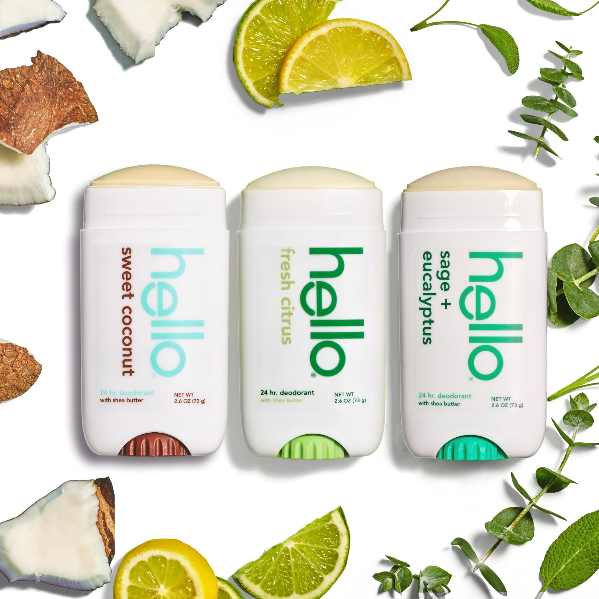 hello Deodorant Variety Pack (Sweet Coconut, Fresh Citrus, White Sage) for Women + Men, Aluminum Free, Baking Soda Free, Parabens Free, 24 Hour Odor Protection, 2.6 Ounce, 3 Pack