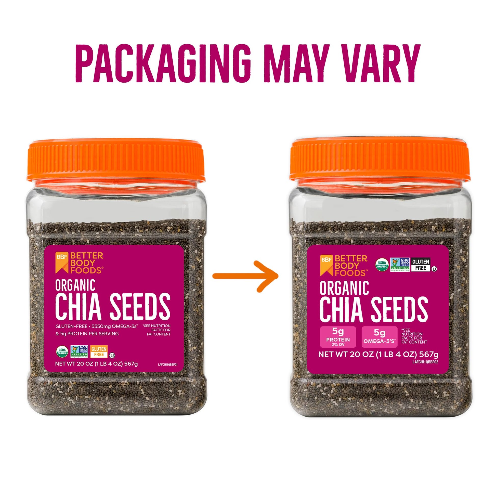 BetterBody Foods Organic Chia Seeds with Omega-3, Non-GMO, Gluten Free, Keto Diet Friendly, Vegan, Good Source of Fiber, Add to Smoothies, 1.25lb