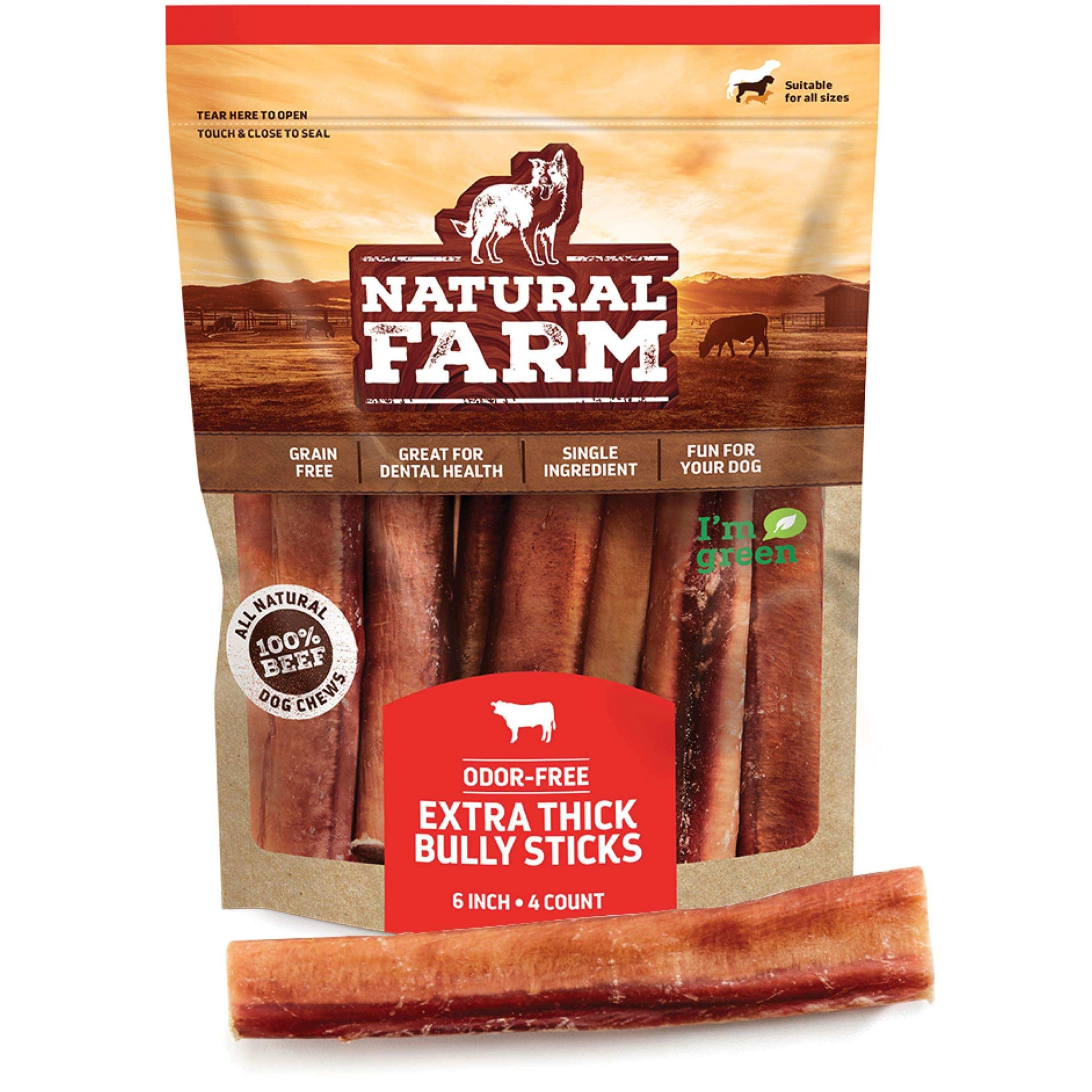 Natural Farm Odor-Free Bully Sticks (6 Inch, 20 Pack), 100% Beef Chews for Pups, Small and Medium Dogs, Non-GMO, Grain-Free, Fully Digestible, Natural Treats to Keep Your Dog Busy