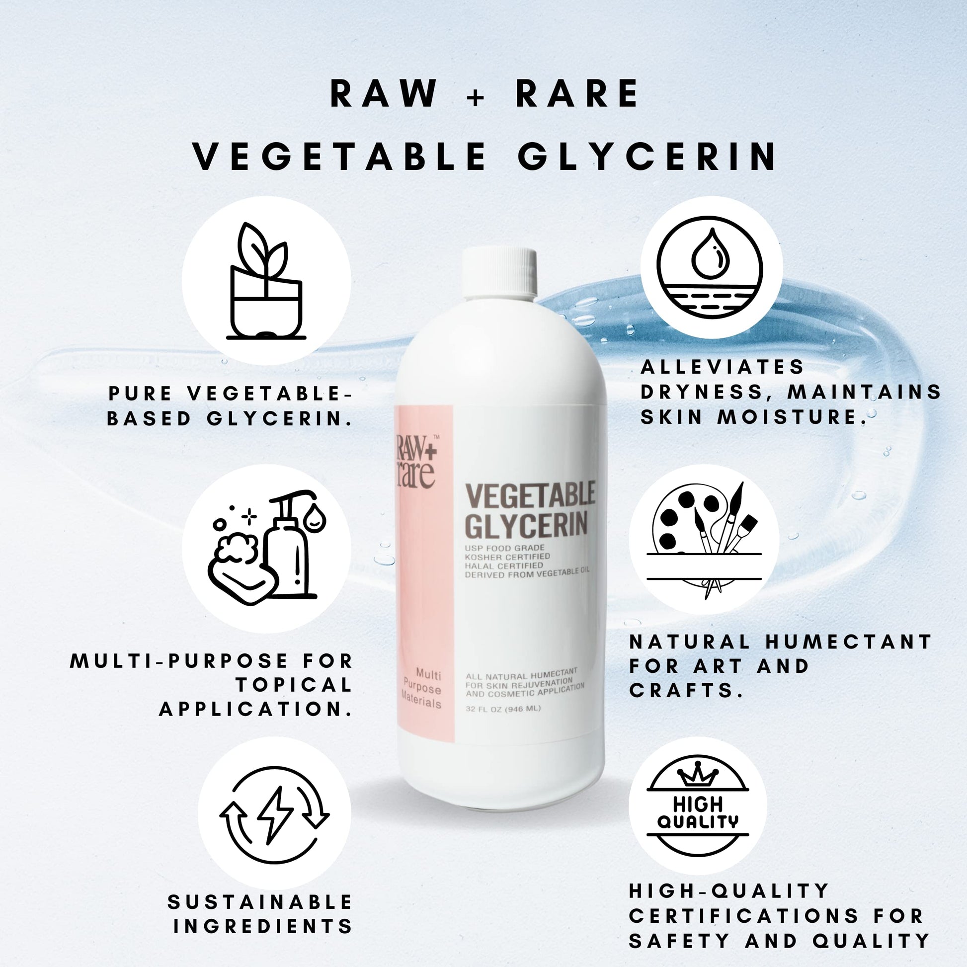 Vegetable Glycerin/Glycerine Quart (32 fl. oz.), Natural Pure USP Food Grade/Cosmetic Grade, for Skin, Hair, Crafts, Soap Base Oil - Kosher, Halal and Pharmaceutical for by Raw Plus Rare