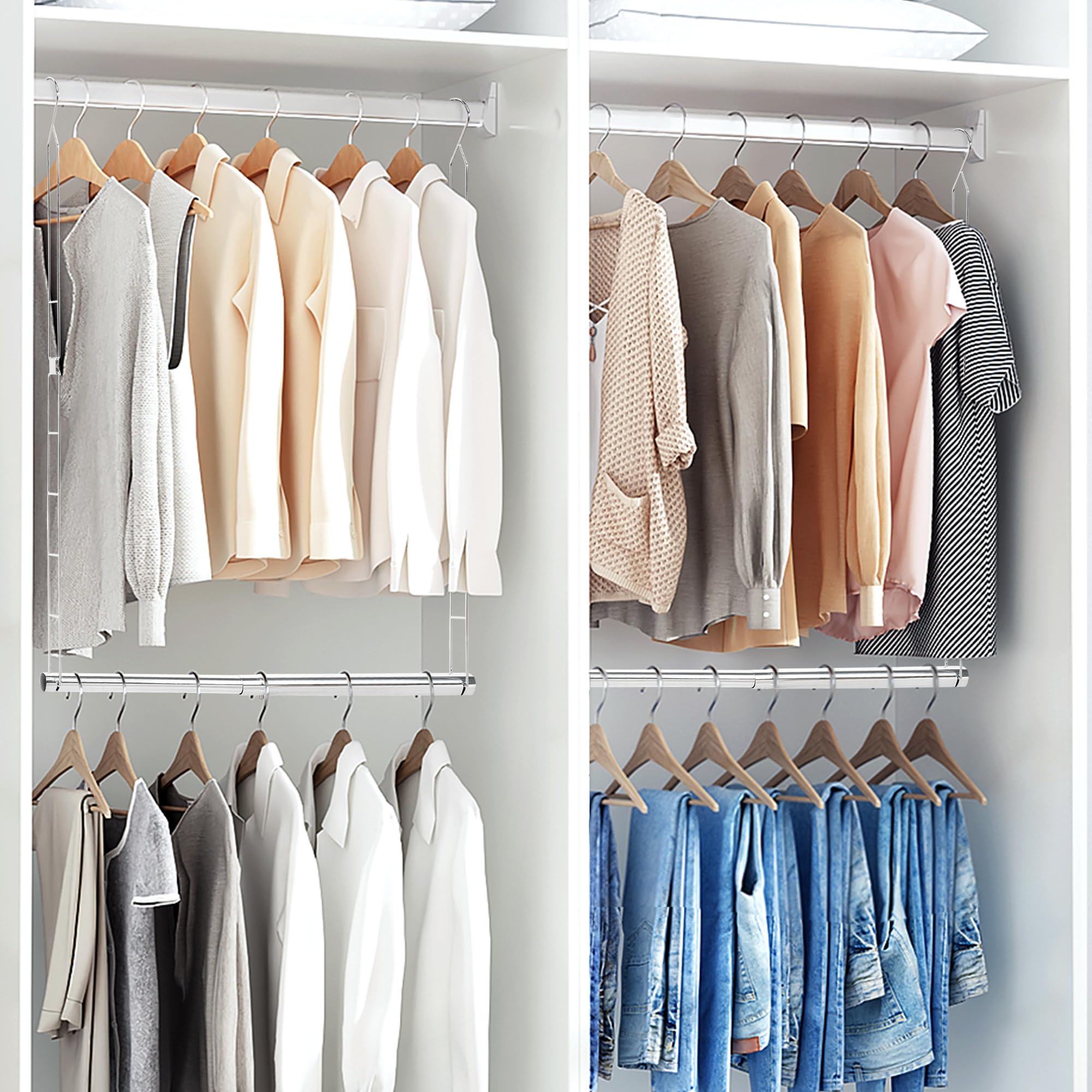 STORAGE MANIAC Hanging Closet Rod, Adjustable Width and Height Closet Hanging Organizer, Space-Saving Clothes Hanging Bar, Closet Extender Hanging Rod Double Closet Hanging Rod, 2 Pack Chrome