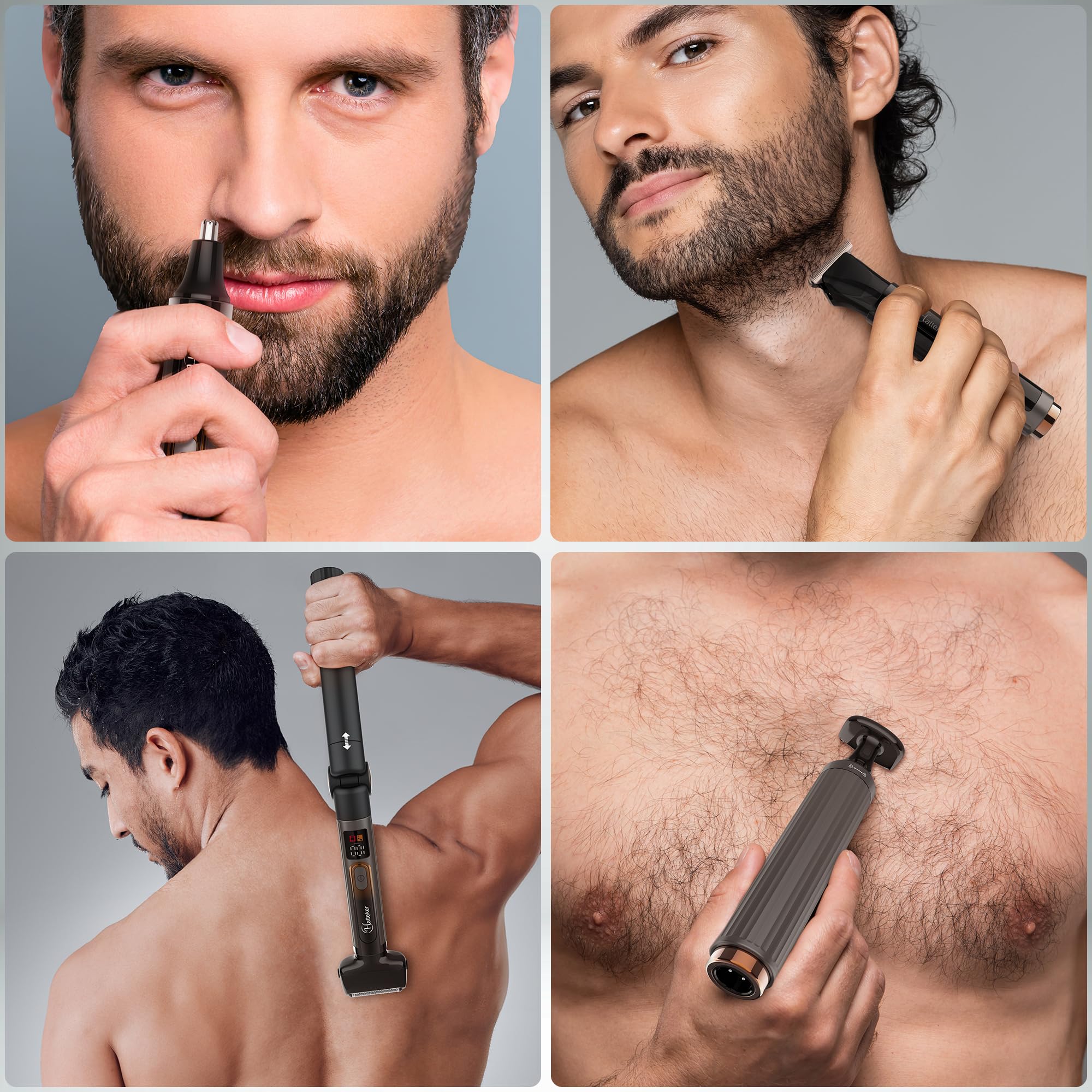 Hatteker Upgraded Mens Electric Back Shaver Body Grooming kit Body Trimmer Facial,Arm,Chin Beard Trimmer Cordless Hair Clipper with Adjustable Extension Handel Waterproof LED Display