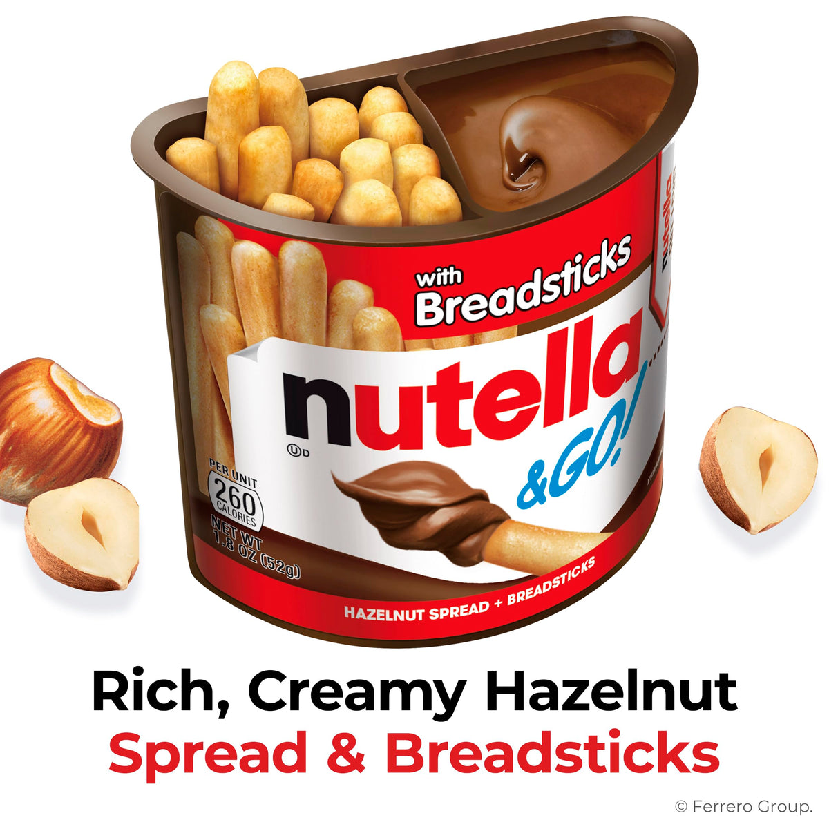 Nutella & GO! Großpackung mit 24 Stück, Haselnuss-Kakao-Aufstrich mit Brotstangen, Nikolausstrümpfe, Snack-Becher, je 51 g