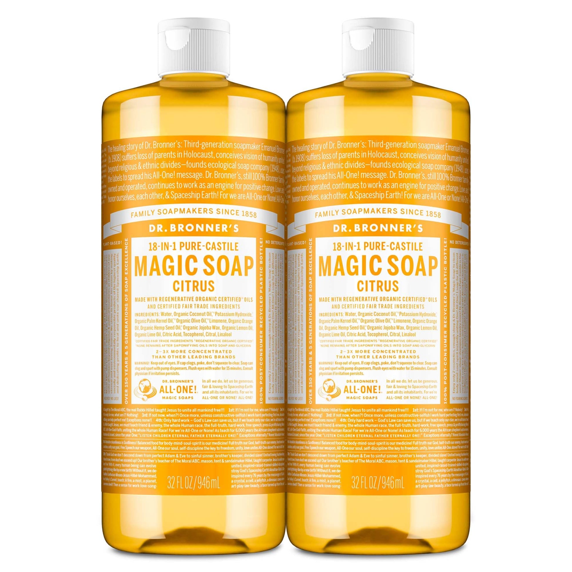 Dr. Bronner's Magic Soap-Pure-Castile Liquid Soap (Citrus, 32 ounce, 2-Pack)-Regenerative Organic Certified Oils, 18-in-1 Uses: Body, Hair, Laundry, Pets & Dishes, Concentrated, Vegan, Non-GMO