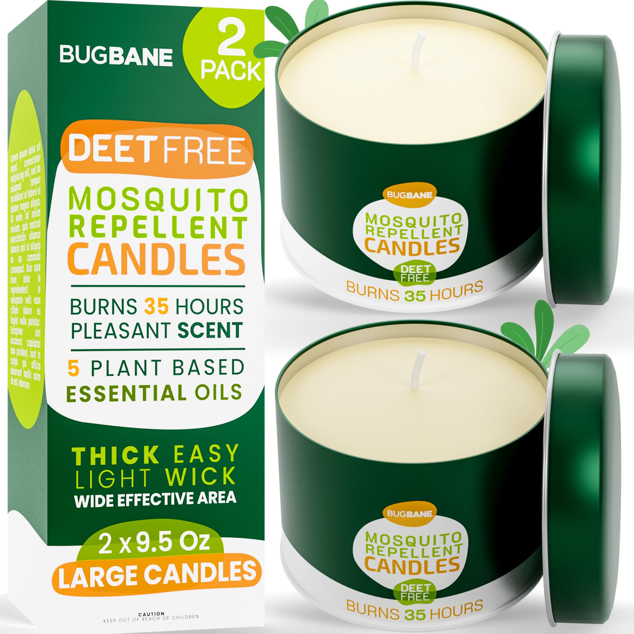 2 Mosquito Candles for Outside. Citronella Candles Outdoor Large. DEET Free with 5 Natural Essential Oils. Insect Fly Bug Candle Repellent Outdoor. Mosquito Repellent Candle Indoor Home Patio Camping