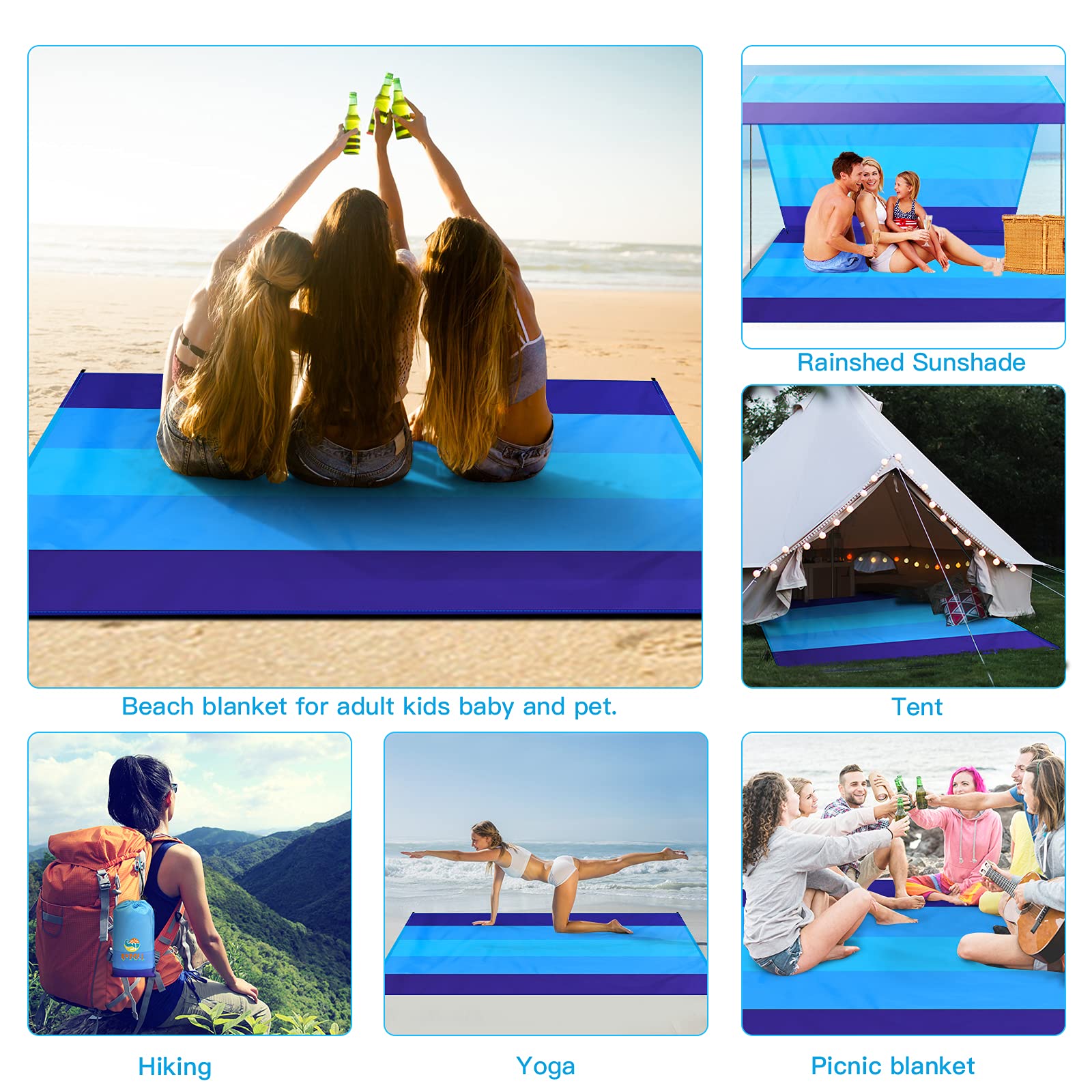 BYDOLL Beach Blanket 78''×81'' 4-7 Adults Oversized Lightweight Waterproof Sandproof Beach Blanket Large Picnic Mat for Travel Camping Hiking Picnic(78" X 81", Blue-Mixed)