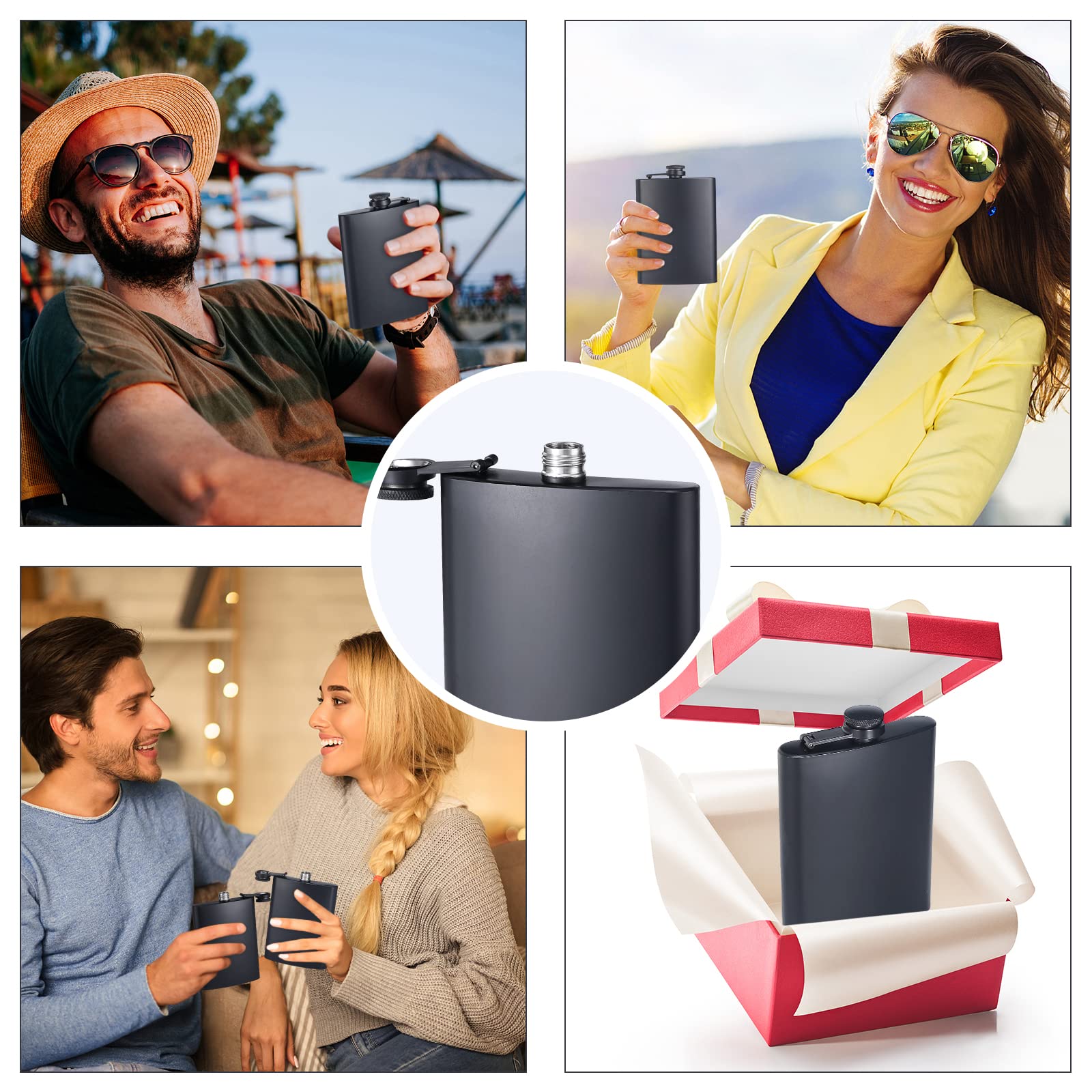 ROMORC 2 Pack Hip Flasks for Liquor Matte Black 8 Oz Stainless Steel Leak-proof Thin Flasks with 2pcs Funnels and Cups for Wedding Party, Groomsman, Bridesmaid, Gift