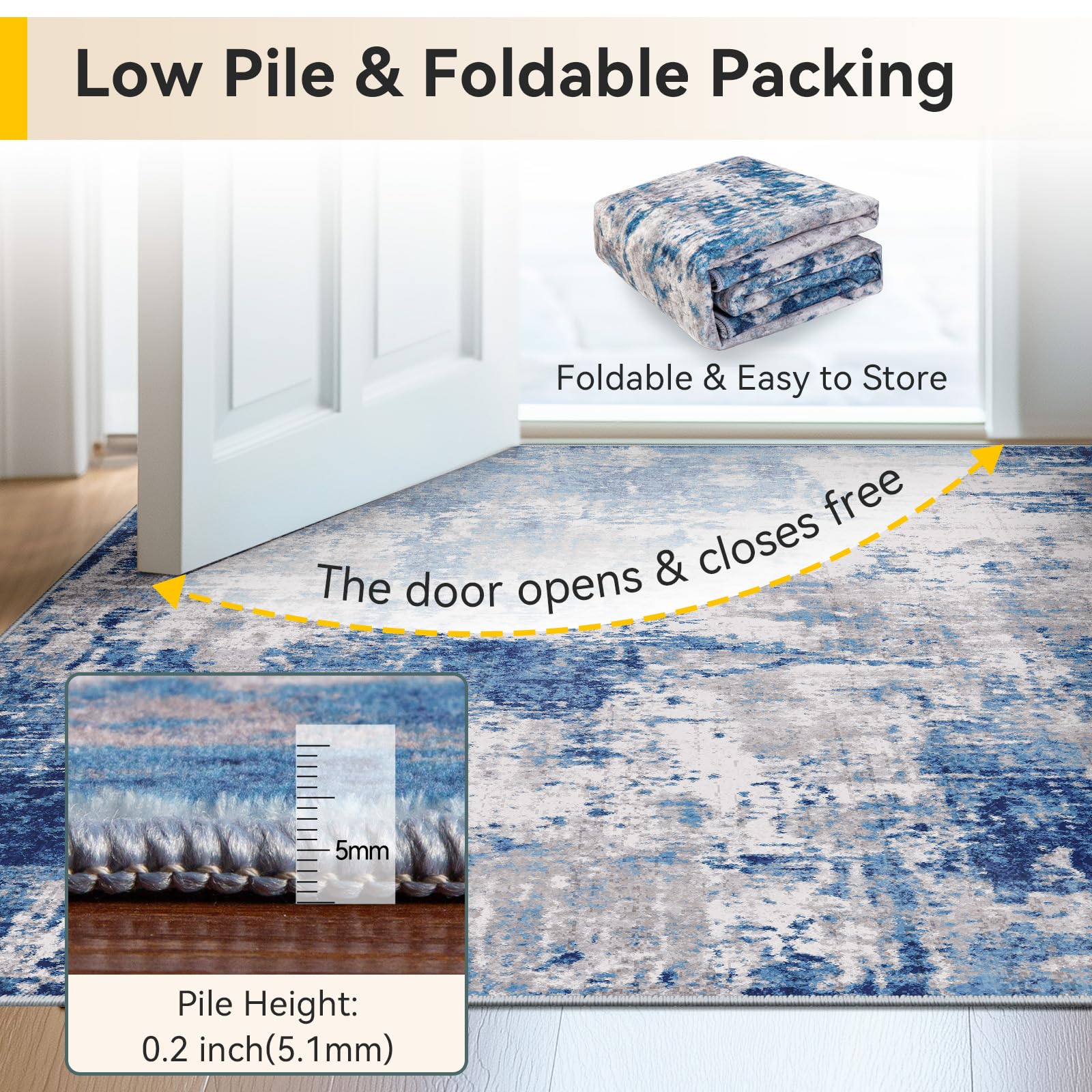 RELEANY Washable Area Rugs 5'x7' Non-Slip Modern Abstract Soft for Living Room Entryway Bedroom Nursery, Print Pattern, Blue Grey Navy Gray