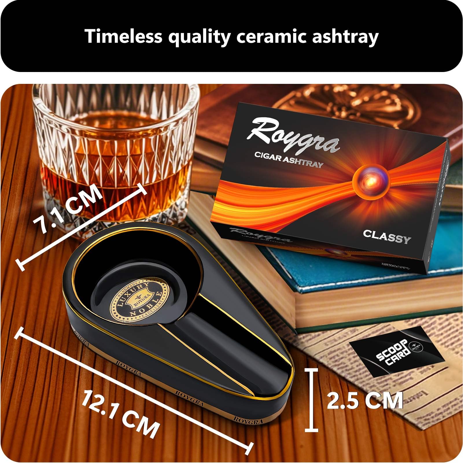 roygra Cigar Ashtray for Outside Patio, Cigar Ashtrays for Outdoors, Outdoor Ashtray with Holder, Home Decor Ashtrays, Small Handmade Gilt Ceramic Portable Travel Ash Tray, Smoking Accessories - Black