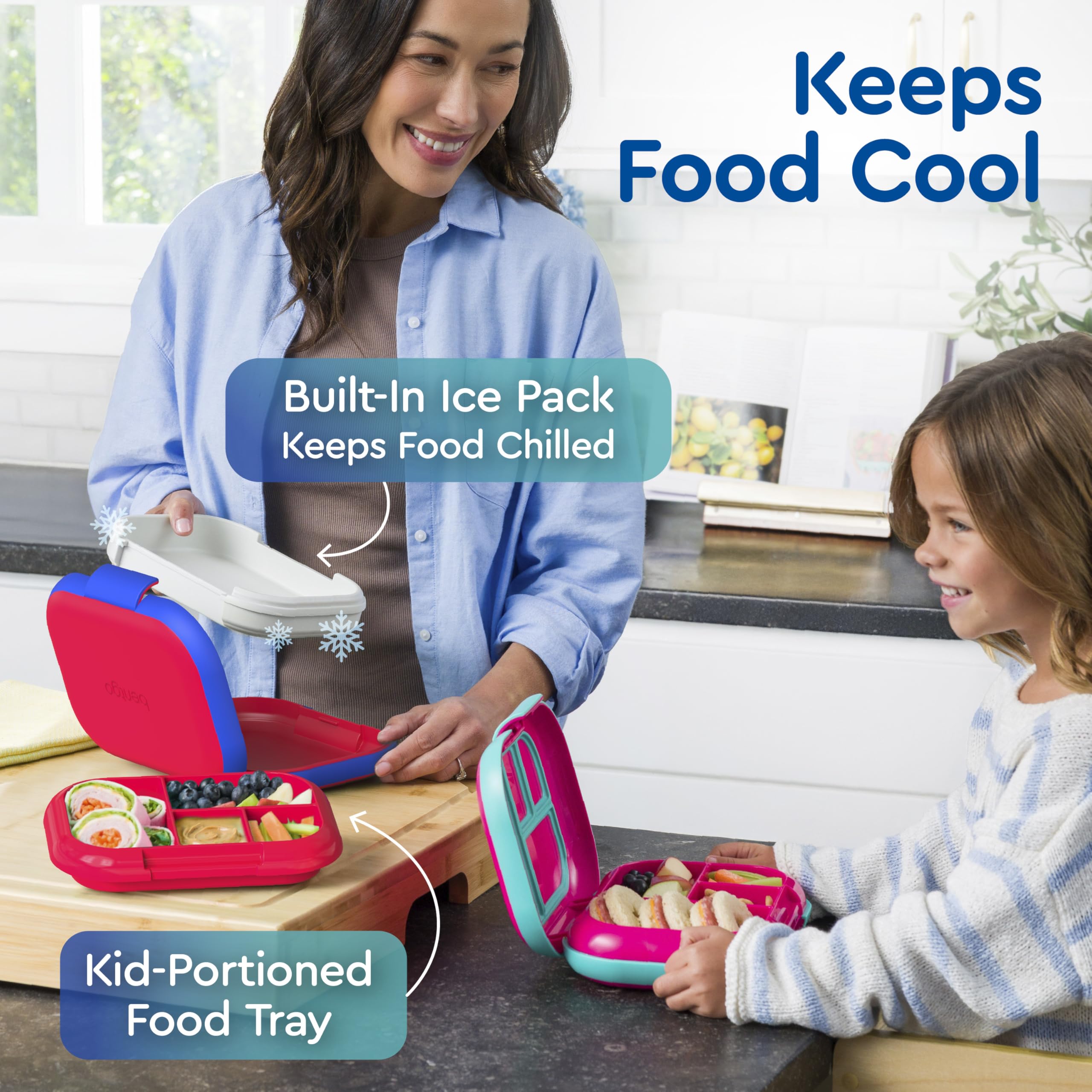 Bentgo Chill Kids Leak-Proof Lunch Box - 4-Compartment Bento Box with Built-In Ice Pack, 3.3 Cup Capacity, PFAS & BPA-Free, Microwave & Dishwasher Safe, Ideal Size for Ages 3 to 7 (Red/Royal)
