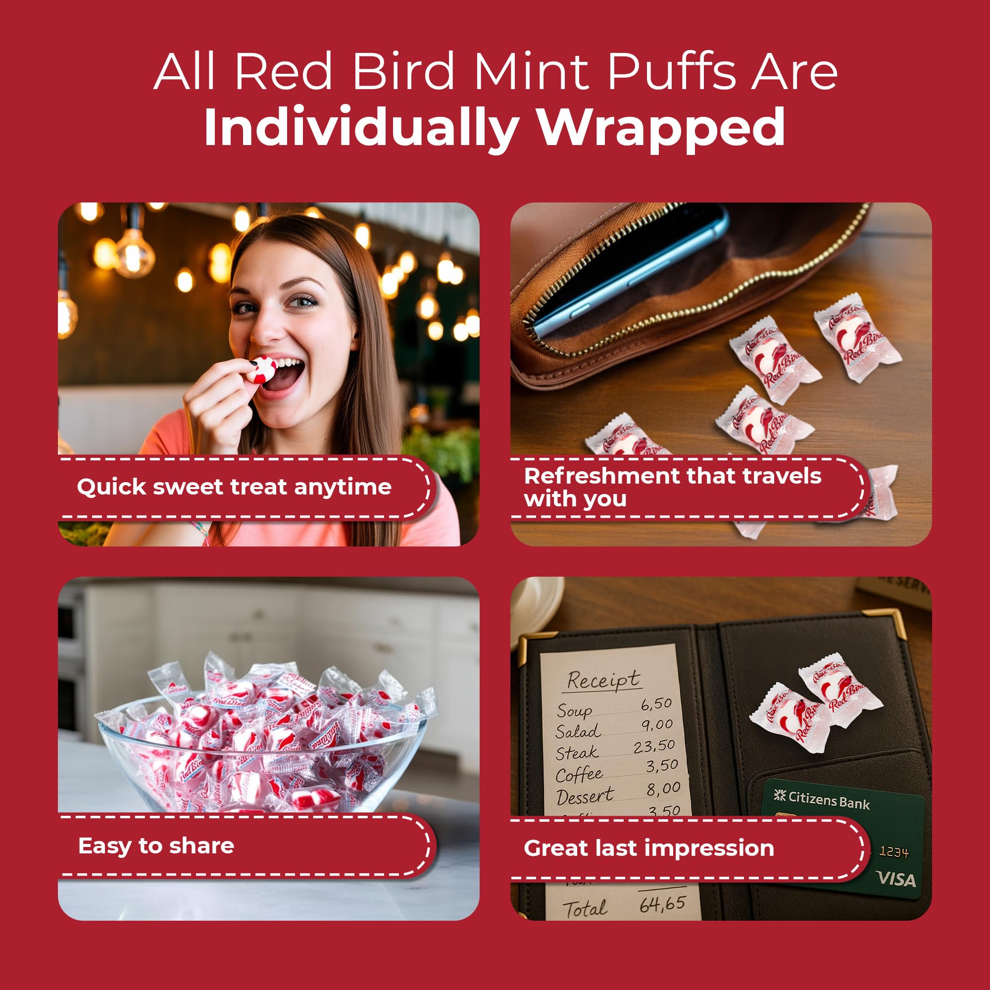 Red Bird Soft Peppermint Candy, Individually Wrapped, Gluten Free Breath Mints, 52 oz Tub