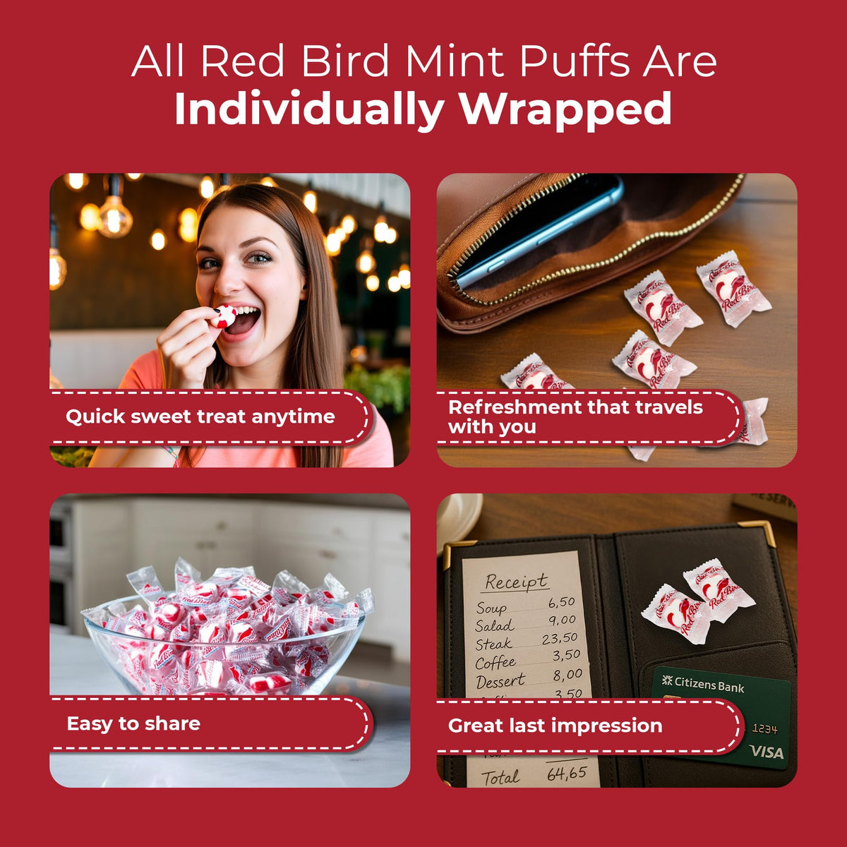 Red Bird Soft Pfefferminzbonbons, einzeln verpackt, glutenfreie Atemerfrischer, 52 oz Dose