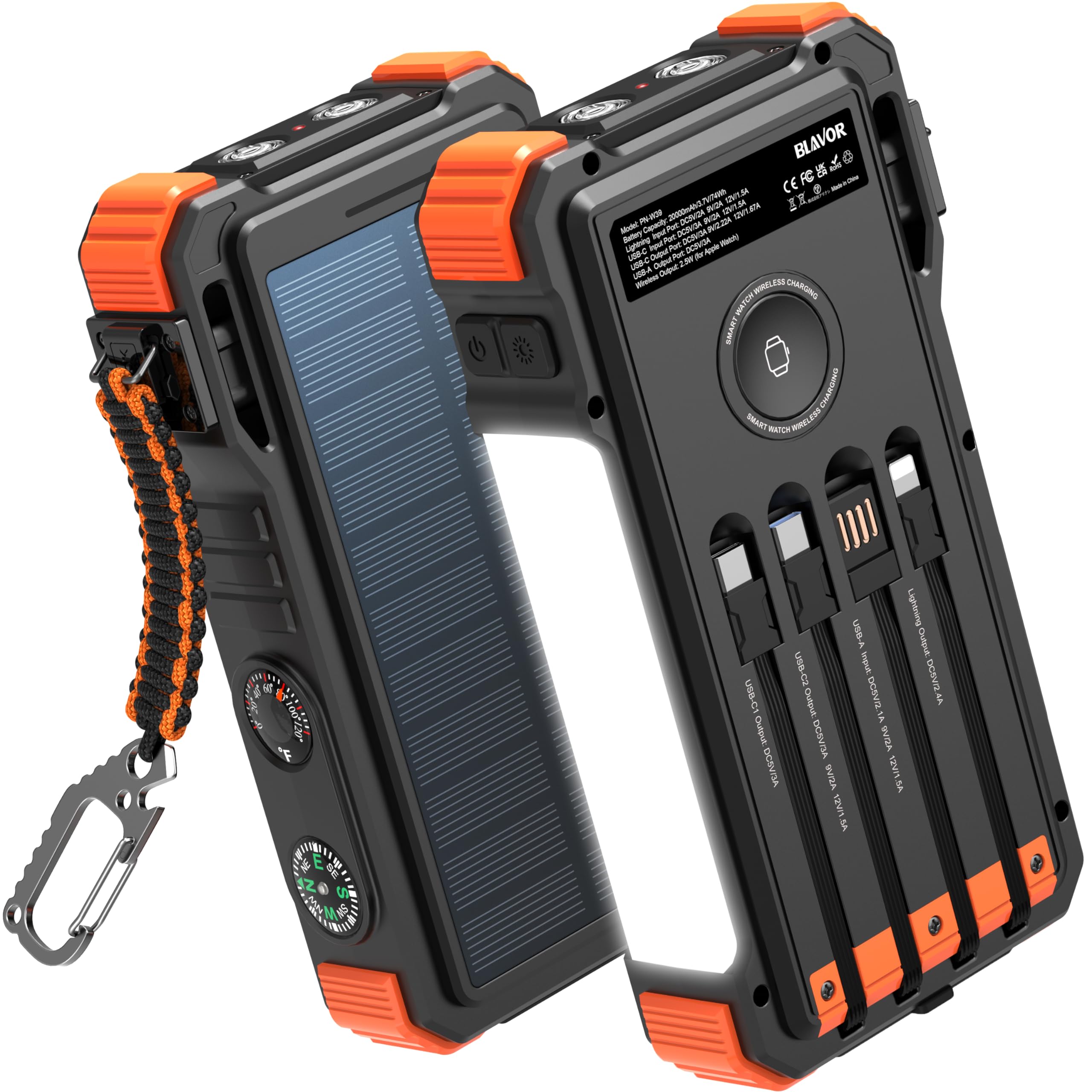 BLAVOR Solar Charger Power Bank 20000mAh Built in 4 Cables, 20W Fast Charging External Battery Pack with USB C, Camping Light, Flashlight, Carabiner for Cell Phones, Portable Charger for Apple Watch