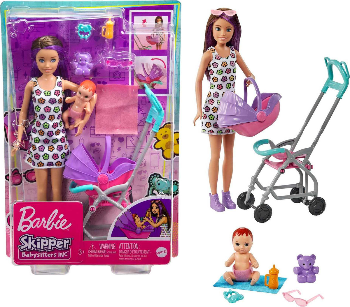 Barbie Skipper Babysitters Inc. Spielset mit Puppe, Kinderwagen, Baby-Puppe und 5 Zubehörteilen, Kinderwagensitz als Babyschale abnehmbar